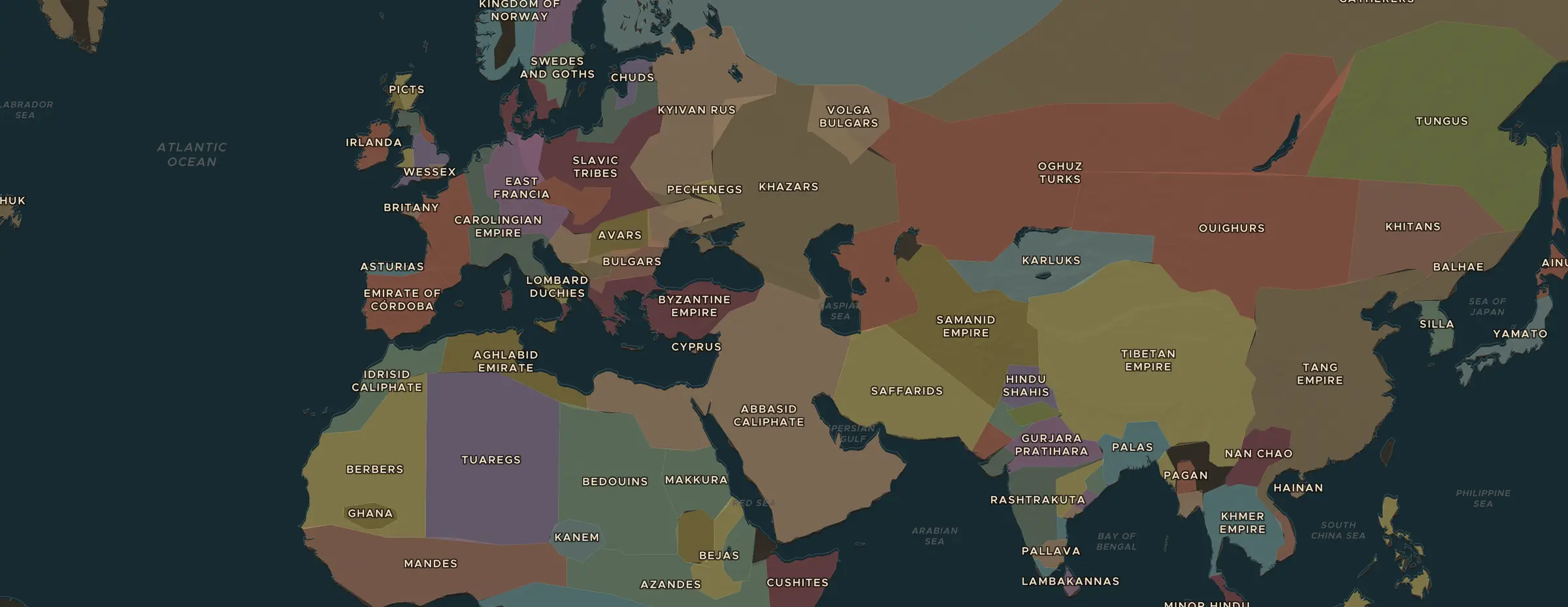 El mapa de ChronoAtlas en 900 d. C., con los lugares que visita esta lección