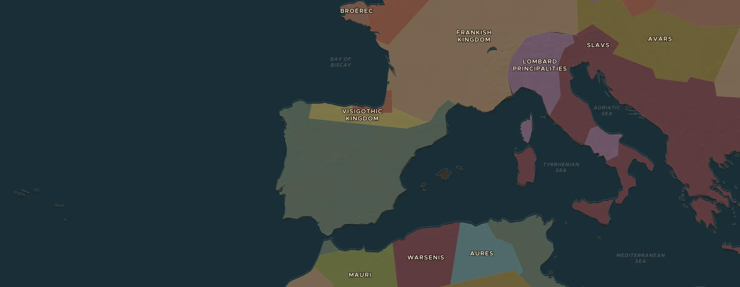 Die ChronoAtlas-Karte im Jahr 720 n. Chr., mit allen Stationen dieser Stunde
