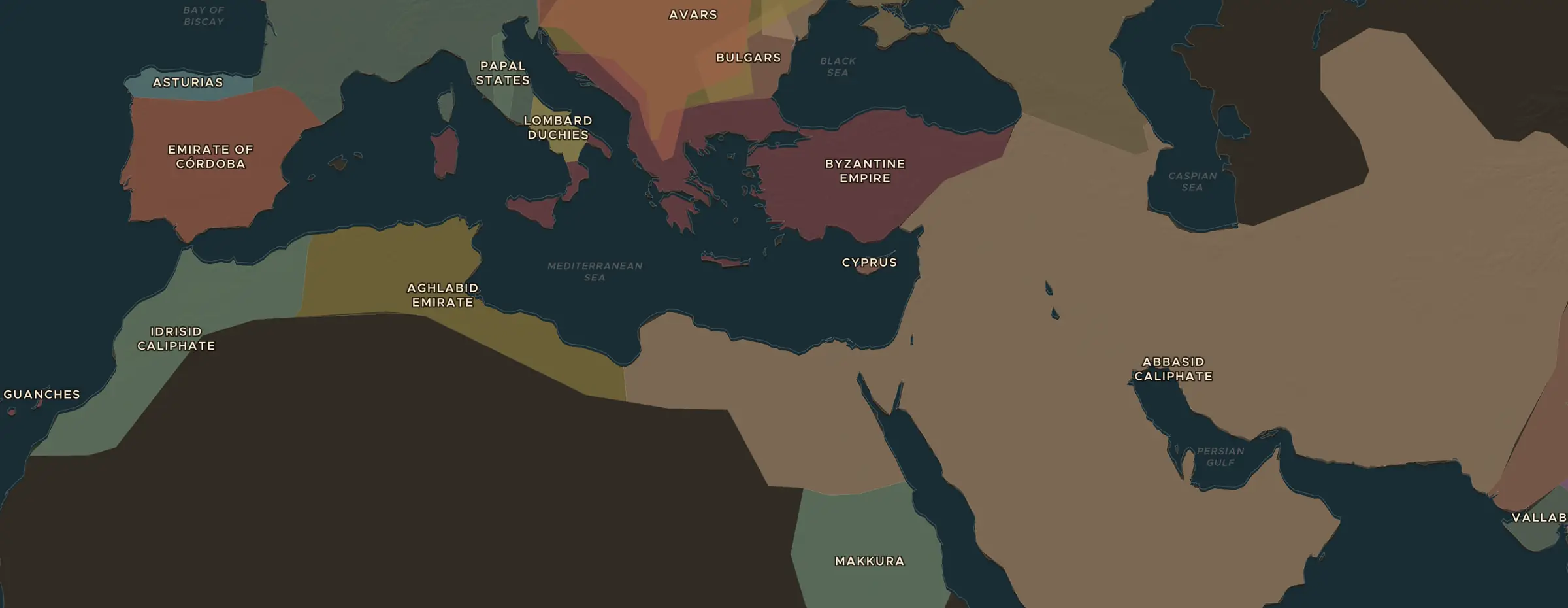 Die ChronoAtlas-Karte im Jahr 820 n. Chr., mit allen Stationen dieser Stunde