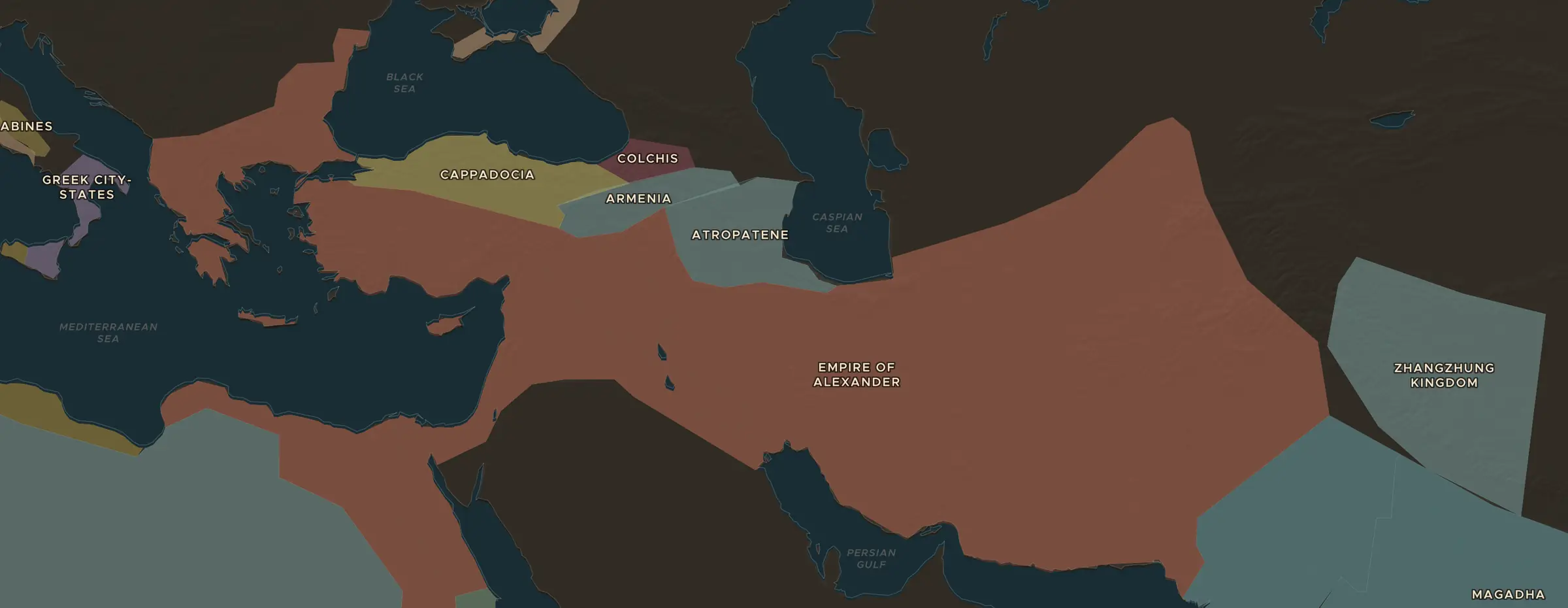 The ChronoAtlas map in 323 BC, with the places this lesson visits