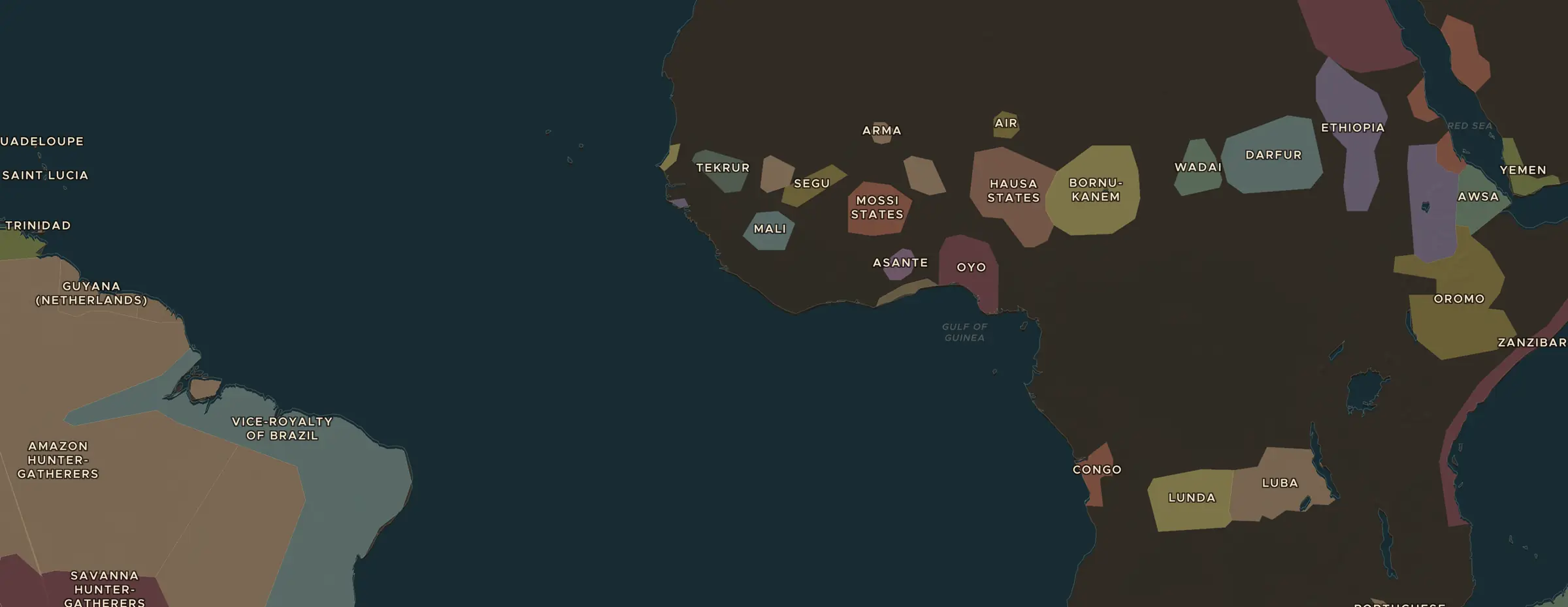 El mapa de ChronoAtlas en 1715 d. C., con los lugares que visita esta lección