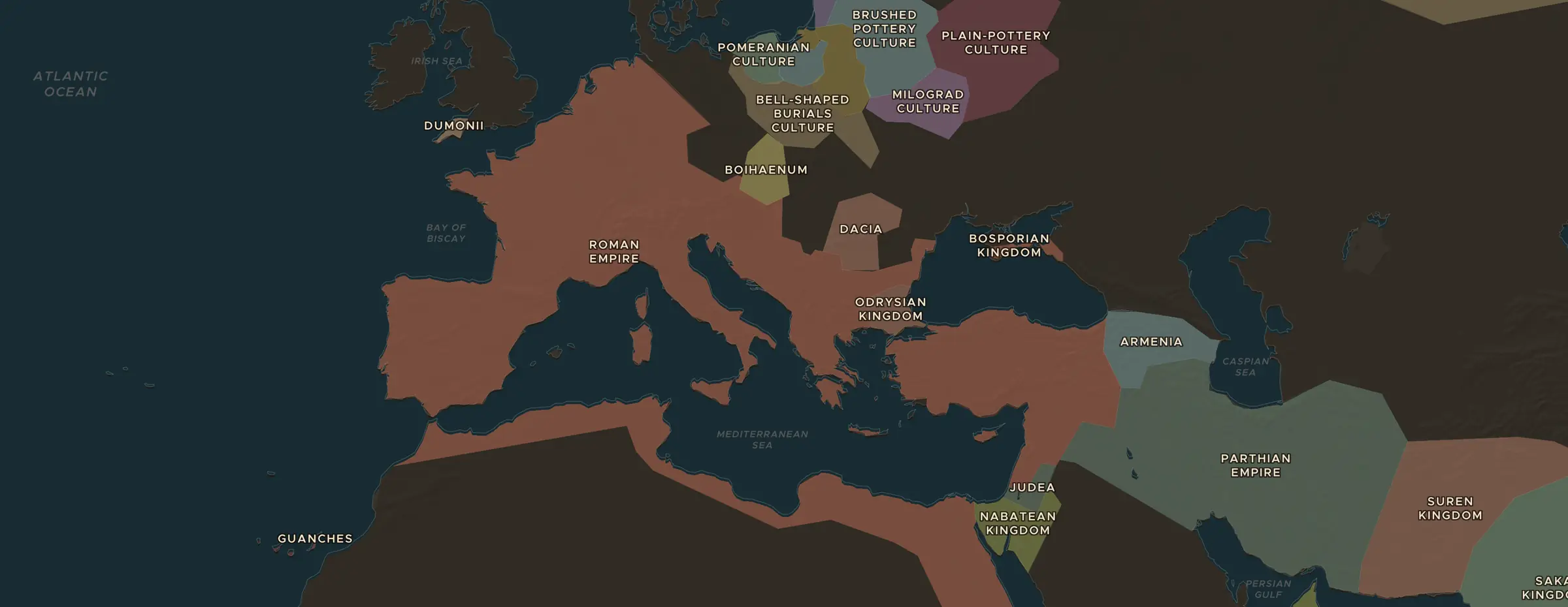 De ChronoAtlas-kaart in 14 n.Chr., met de plekken uit deze les