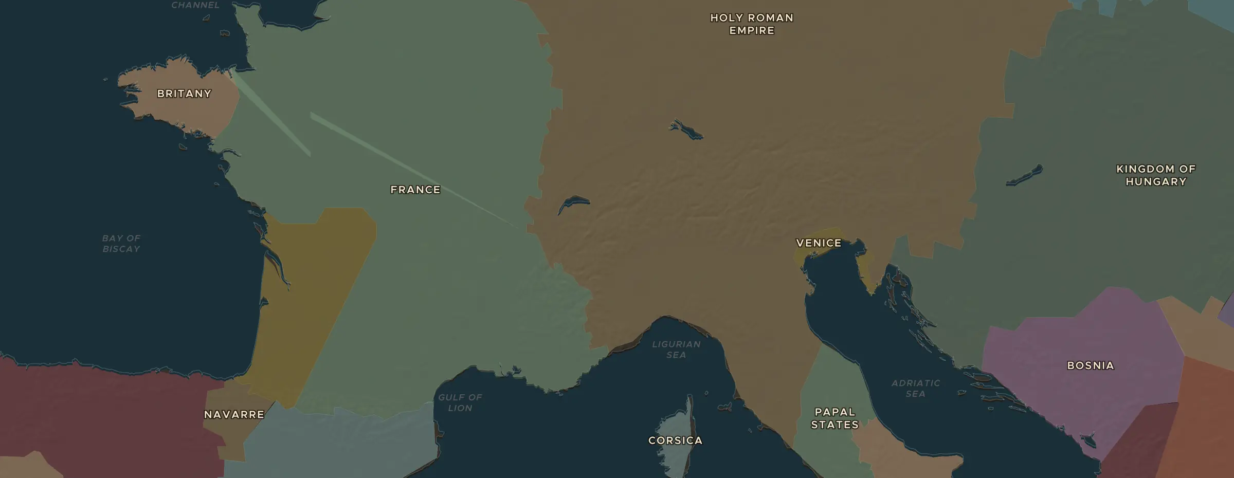 De ChronoAtlas-kaart in 1400 n.Chr., met de plekken uit deze les