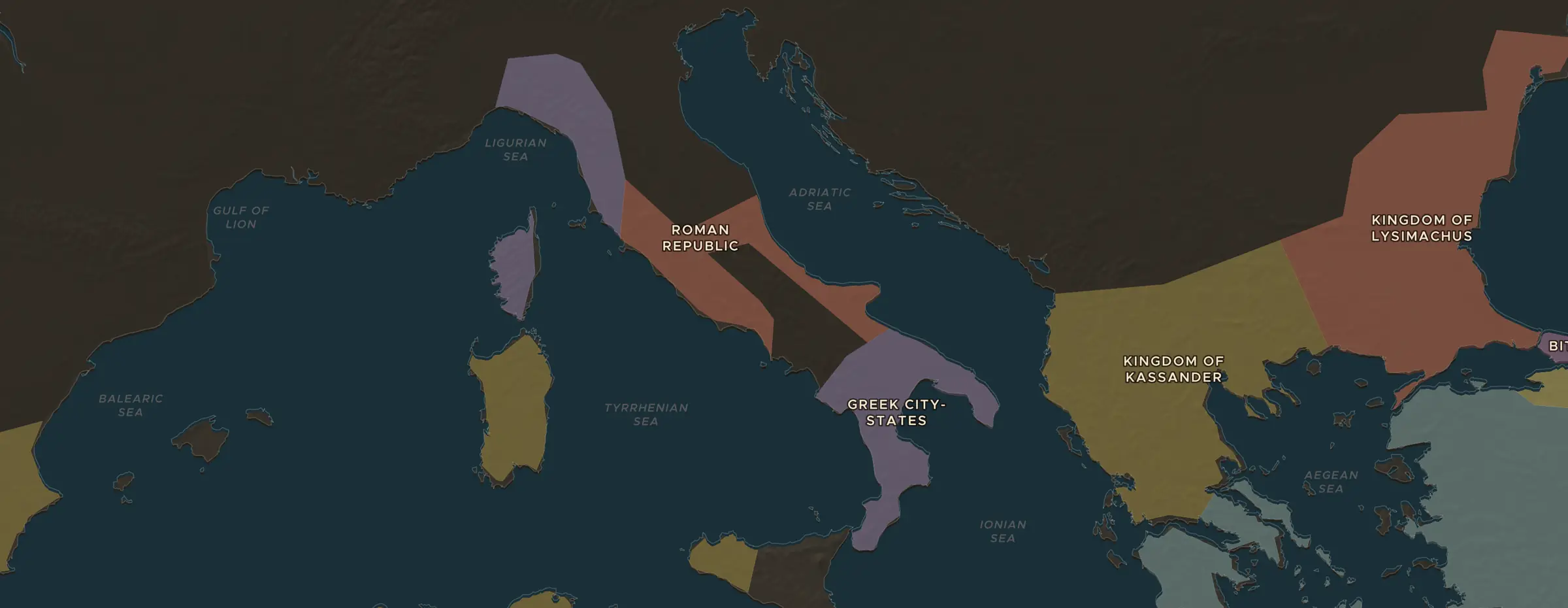 El mapa de ChronoAtlas en 216 a. C., con los lugares que visita esta lección