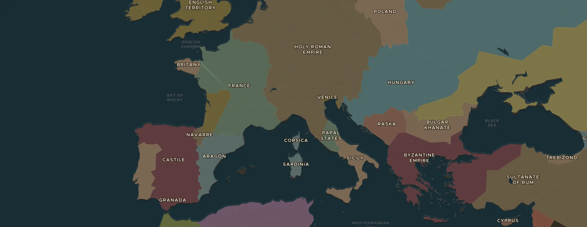 De ChronoAtlas-kaart in 1348 n.Chr., met de plekken uit deze les