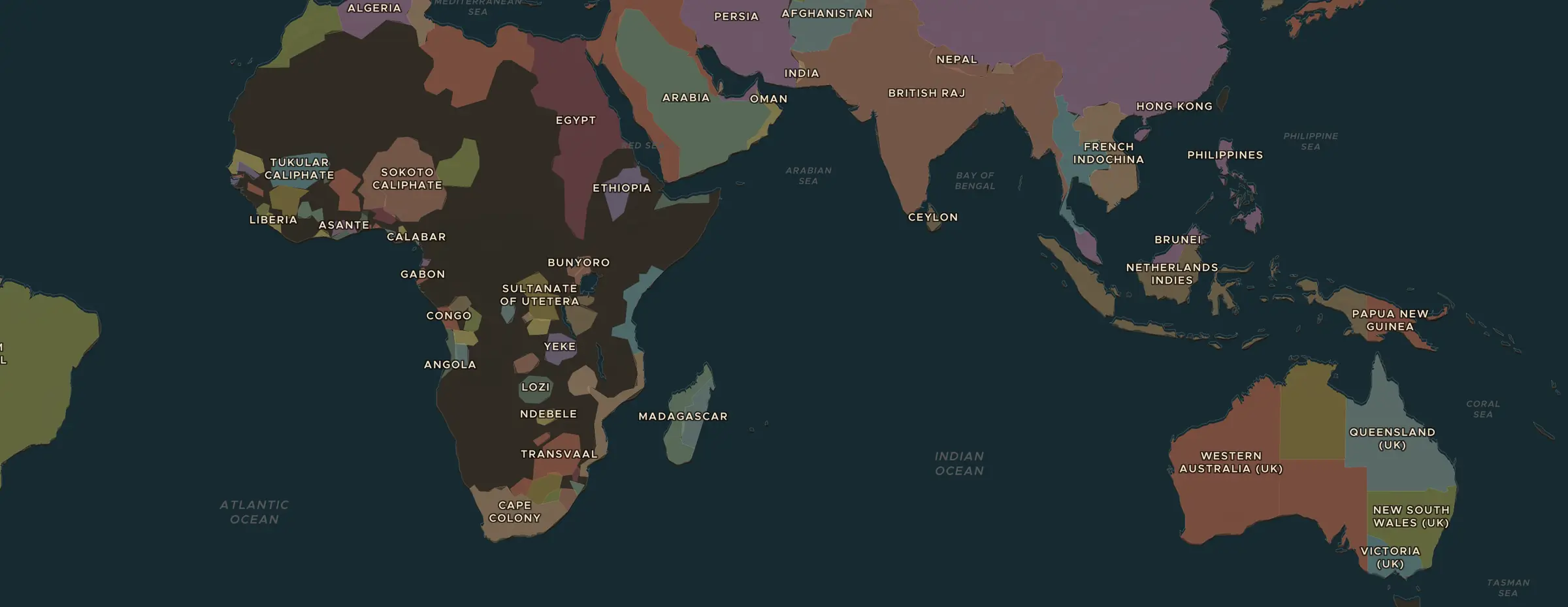 Die ChronoAtlas-Karte im Jahr 1900 n. Chr., mit allen Stationen dieser Stunde