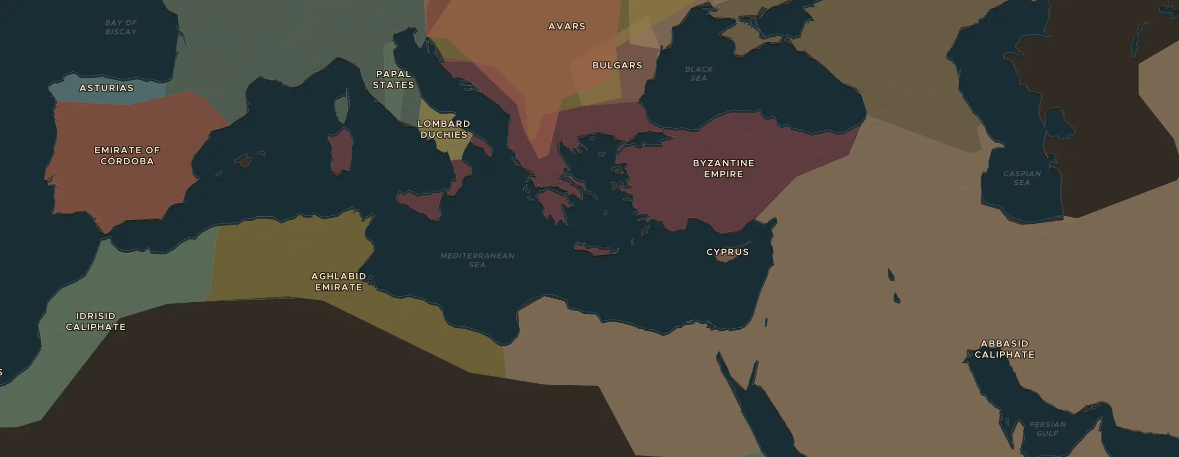 La carte ChronoAtlas en 800 apr. J.-C., avec les lieux étudiés dans cette séquence