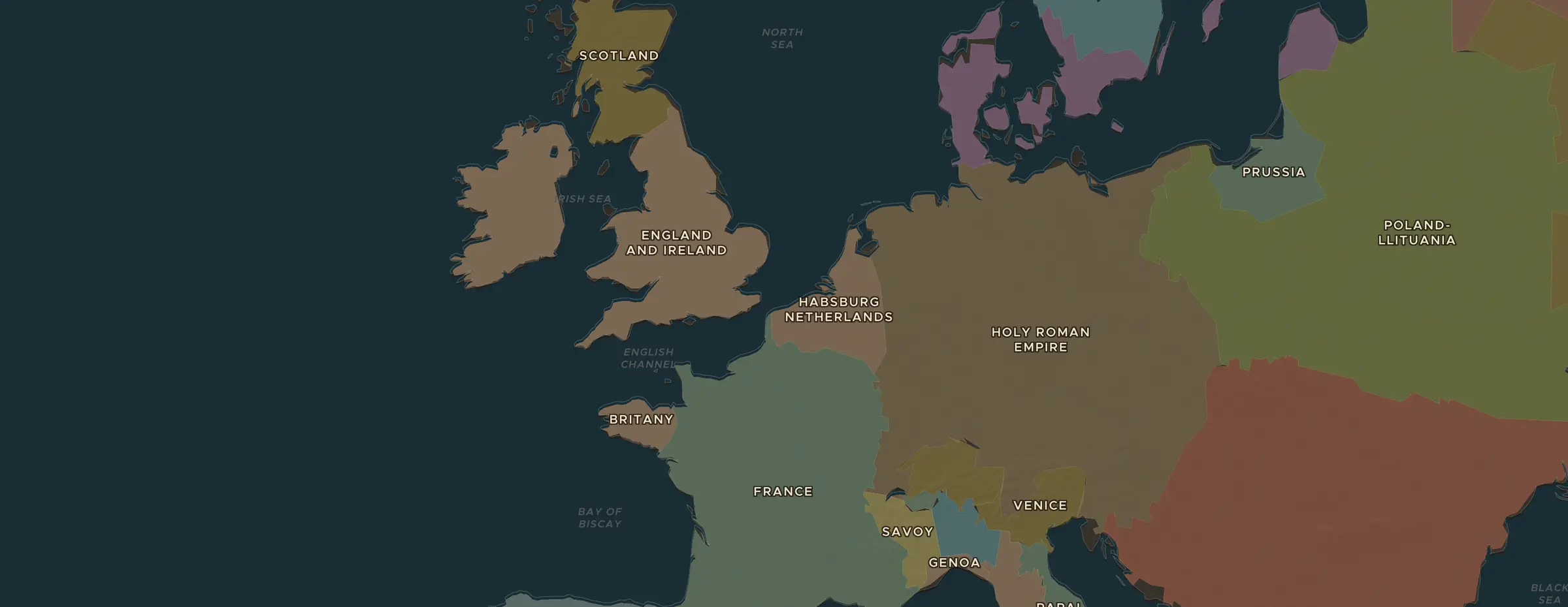De ChronoAtlas-kaart in 1550 n.Chr., met de plekken uit deze les