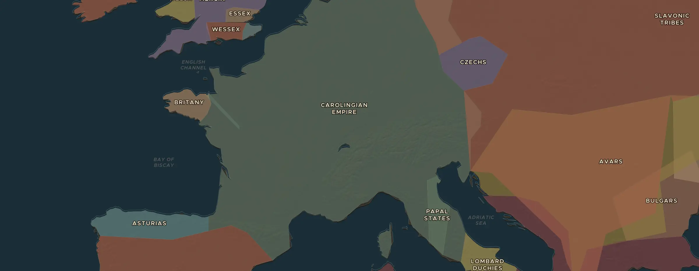 El mapa de ChronoAtlas en 800 d. C., con los lugares que visita esta lección