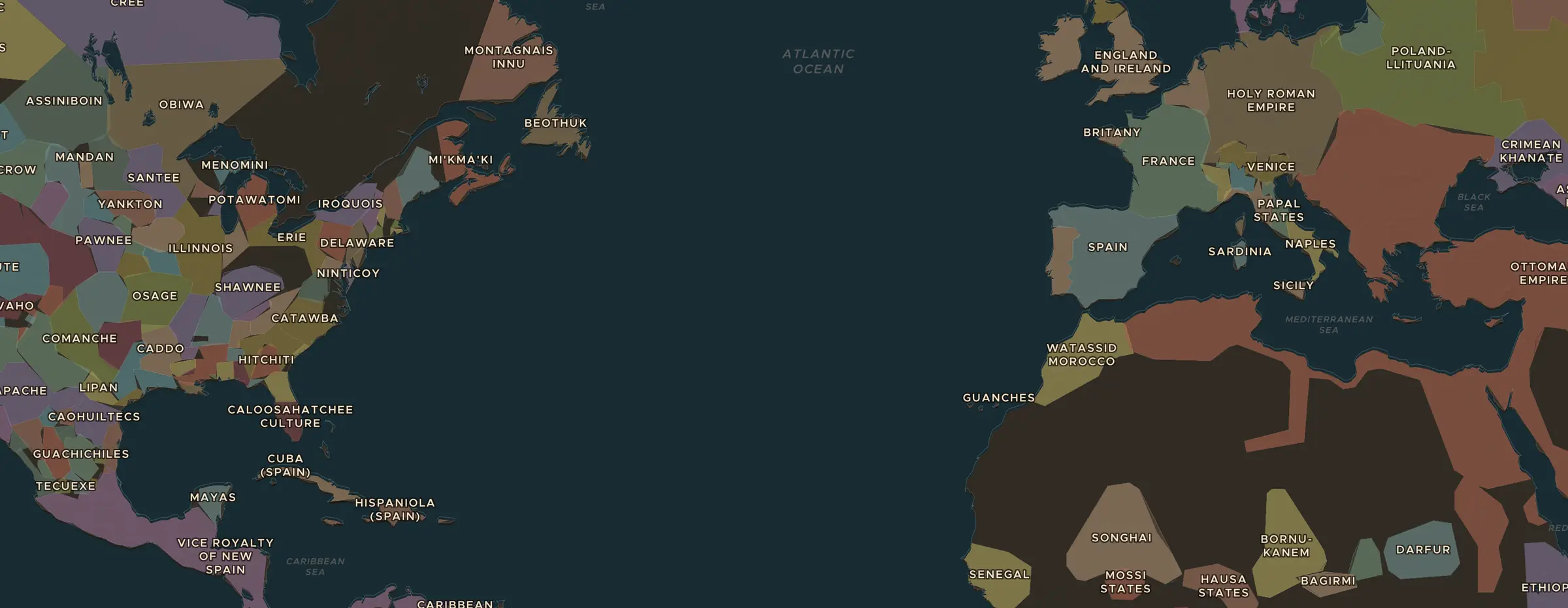 De ChronoAtlas-kaart in 1530 n.Chr., met de plekken uit deze les