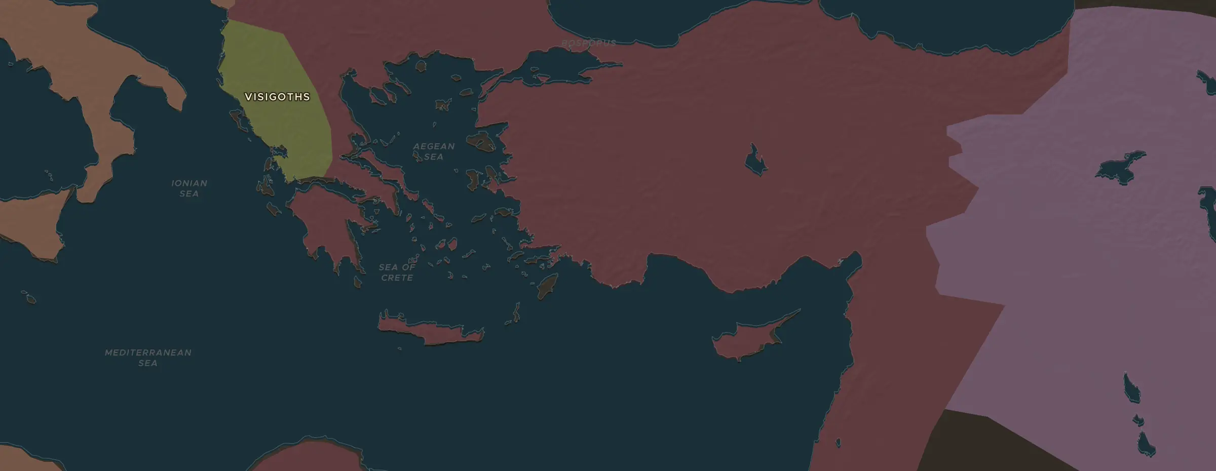 De ChronoAtlas-kaart in 391 n.Chr., met de plekken uit deze les