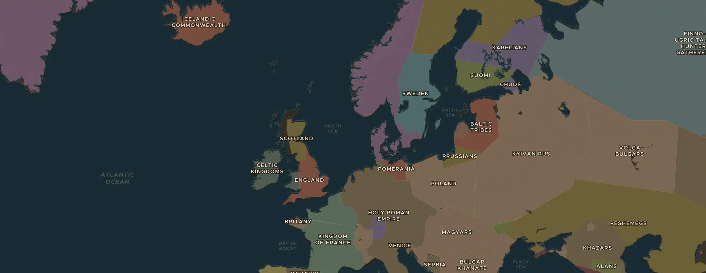 Die ChronoAtlas-Karte im Jahr 1000 n. Chr., mit allen Stationen dieser Stunde