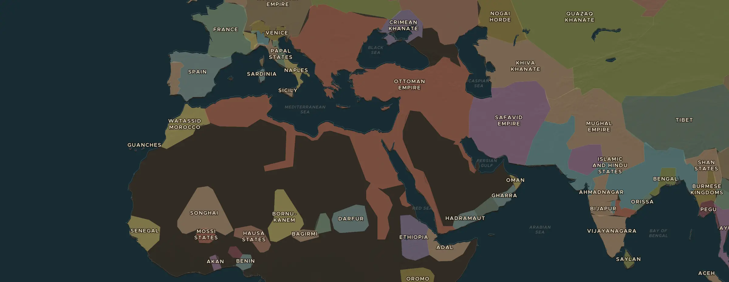 De ChronoAtlas-kaart in 1600 n.Chr., met de plekken uit deze les