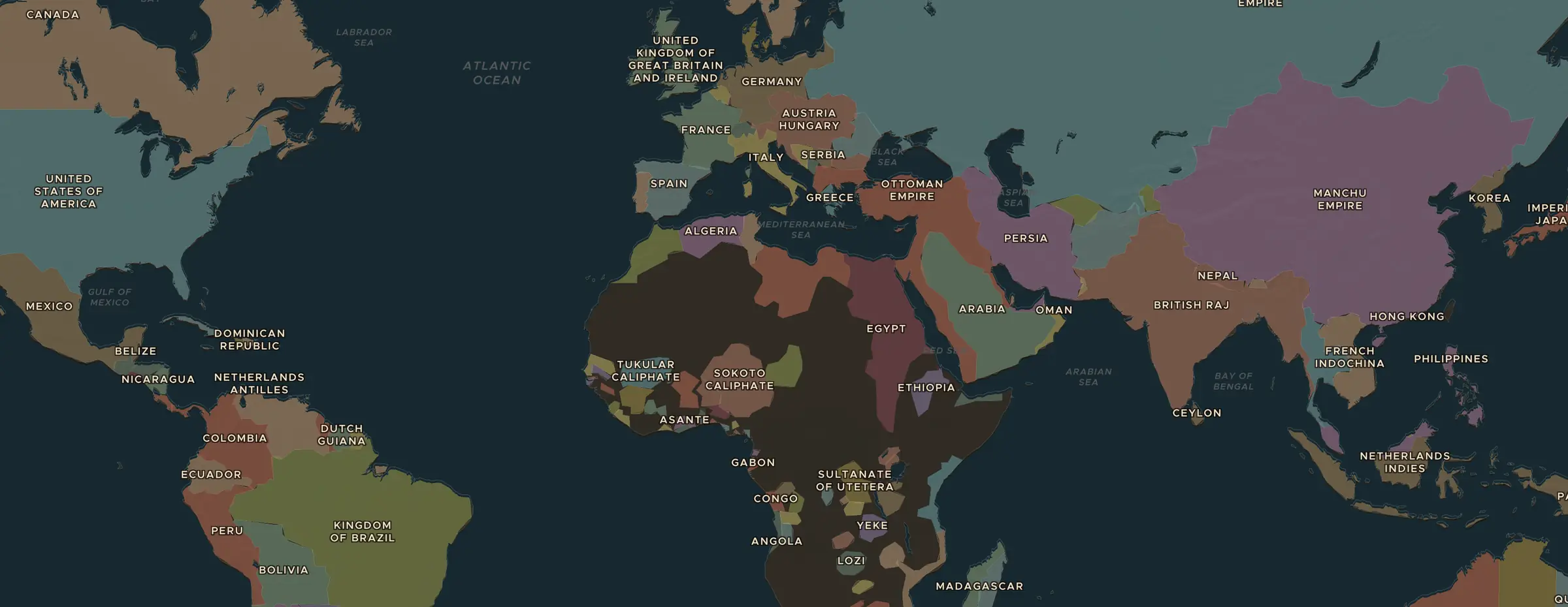 Die ChronoAtlas-Karte im Jahr 1900 n. Chr., mit allen Stationen dieser Stunde
