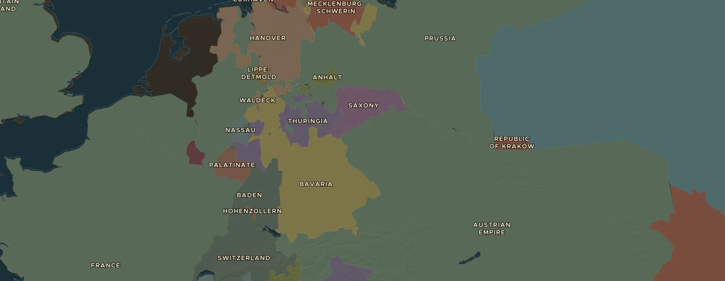 Die ChronoAtlas-Karte im Jahr 1815 n. Chr., mit allen Stationen dieser Stunde