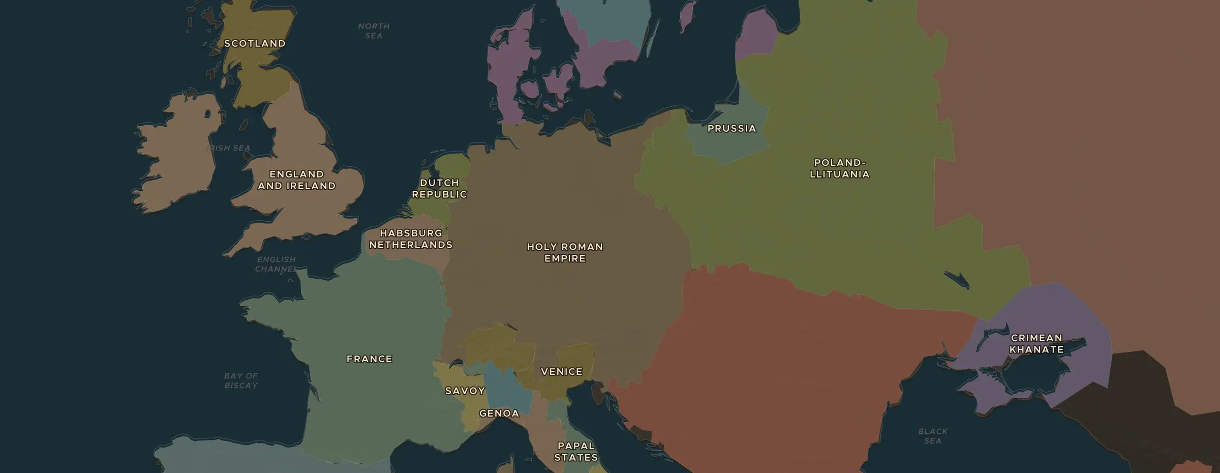 De ChronoAtlas-kaart in 1600 n.Chr., met de plekken uit deze les