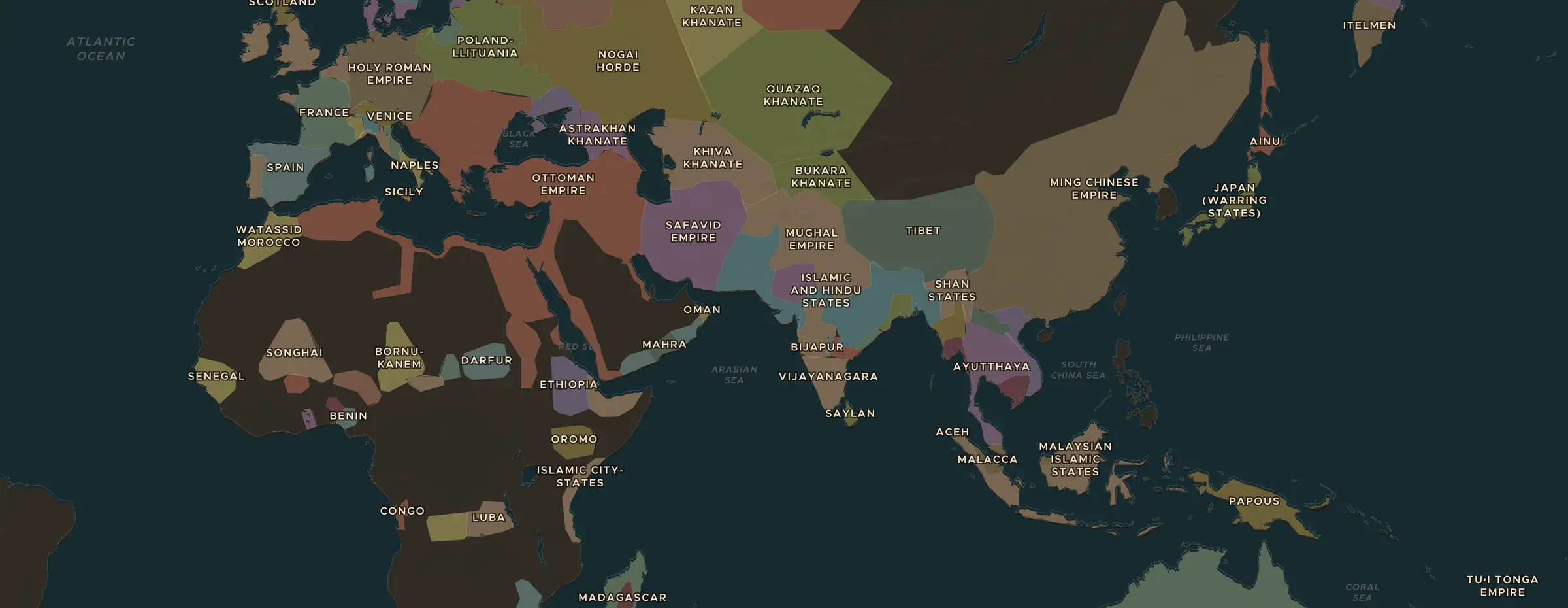 De ChronoAtlas-kaart in 1545 n.Chr., met de plekken uit deze les
