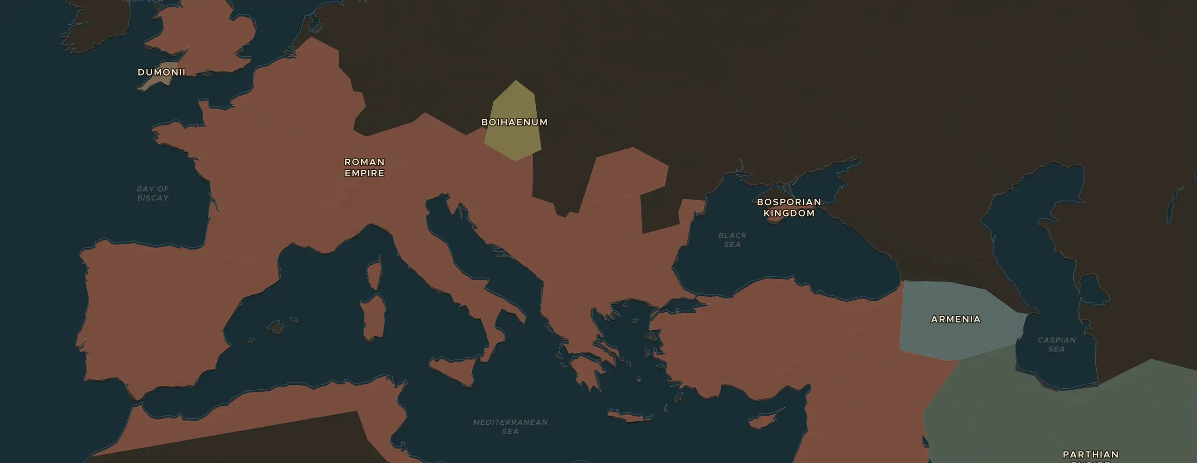 De ChronoAtlas-kaart in 250 n.Chr., met de plekken uit deze les