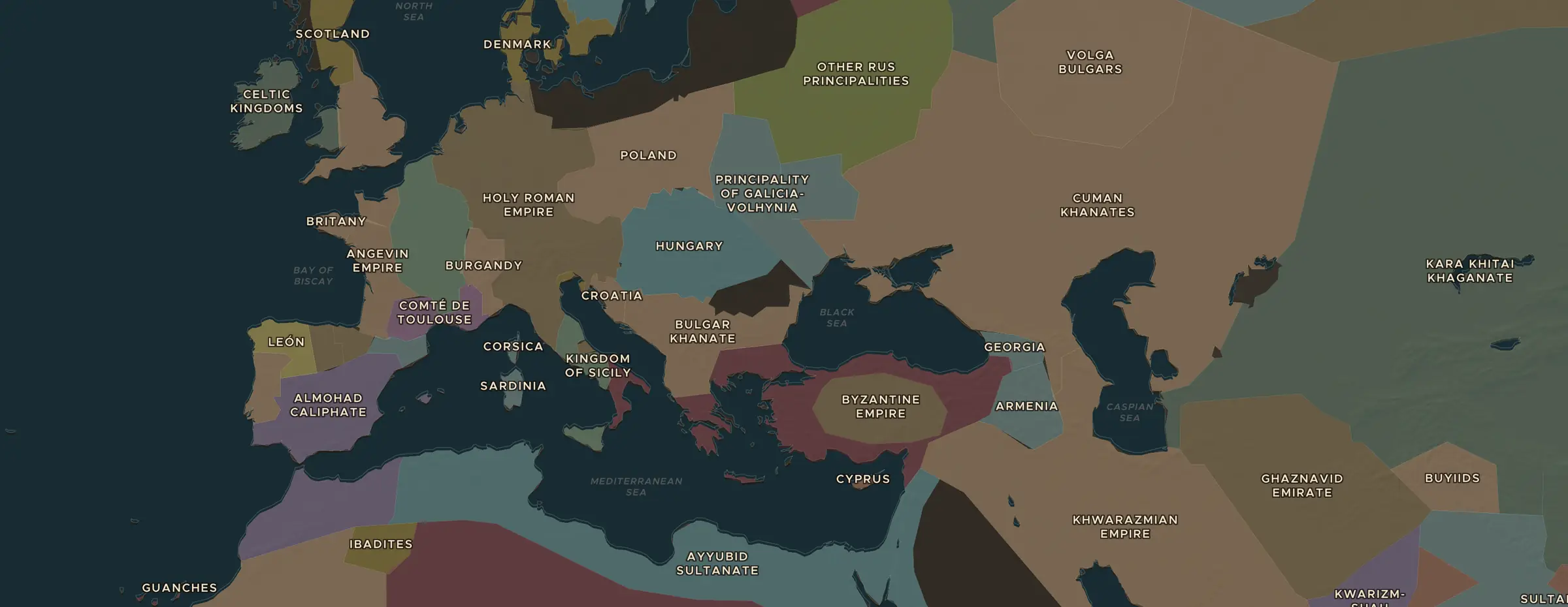 Die ChronoAtlas-Karte im Jahr 1200 n. Chr., mit allen Stationen dieser Stunde