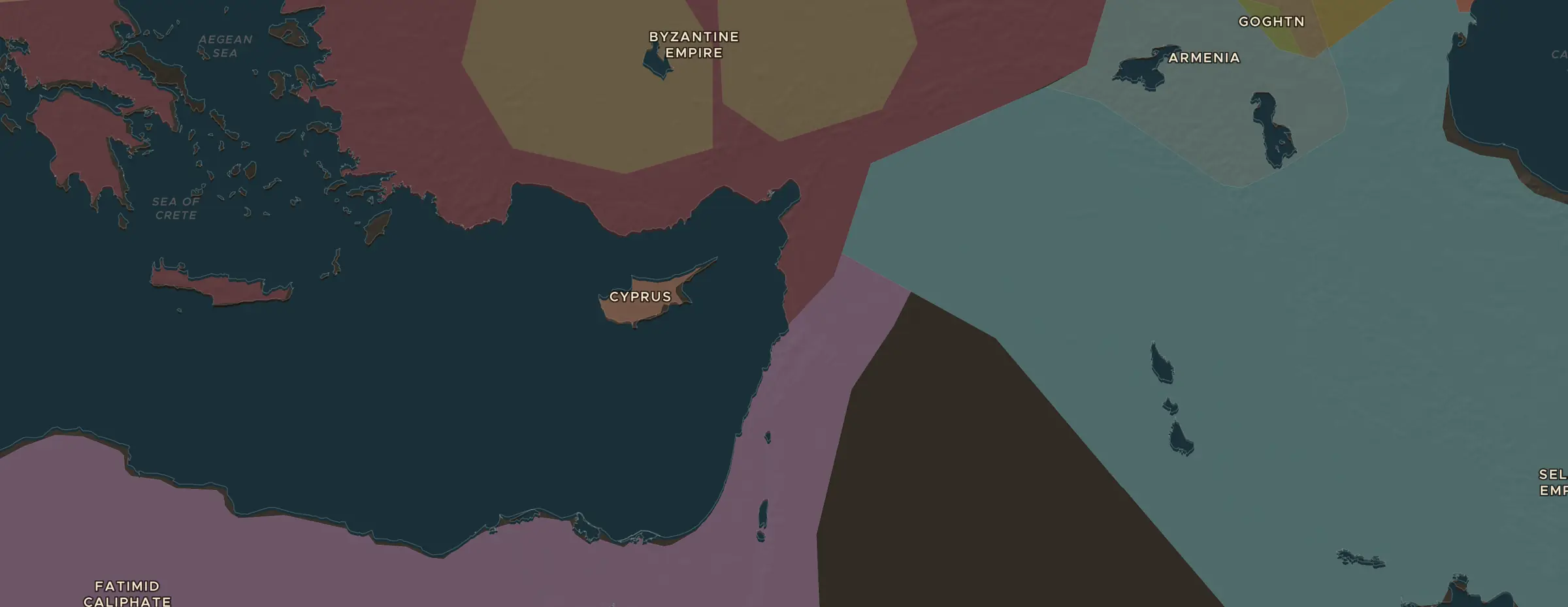 De ChronoAtlas-kaart in 1100 n.Chr., met de plekken uit deze les