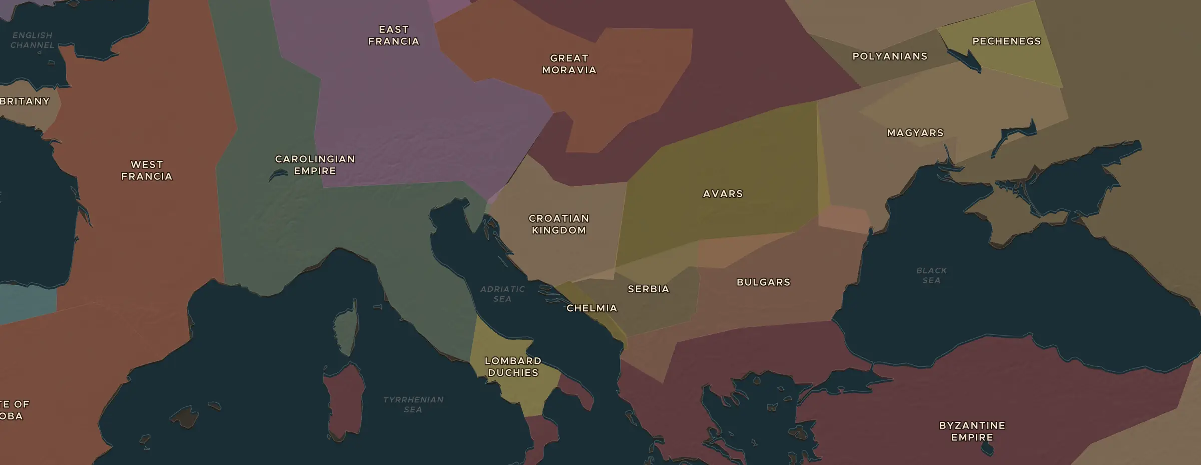 Die ChronoAtlas-Karte im Jahr 900 n. Chr., mit allen Stationen dieser Stunde