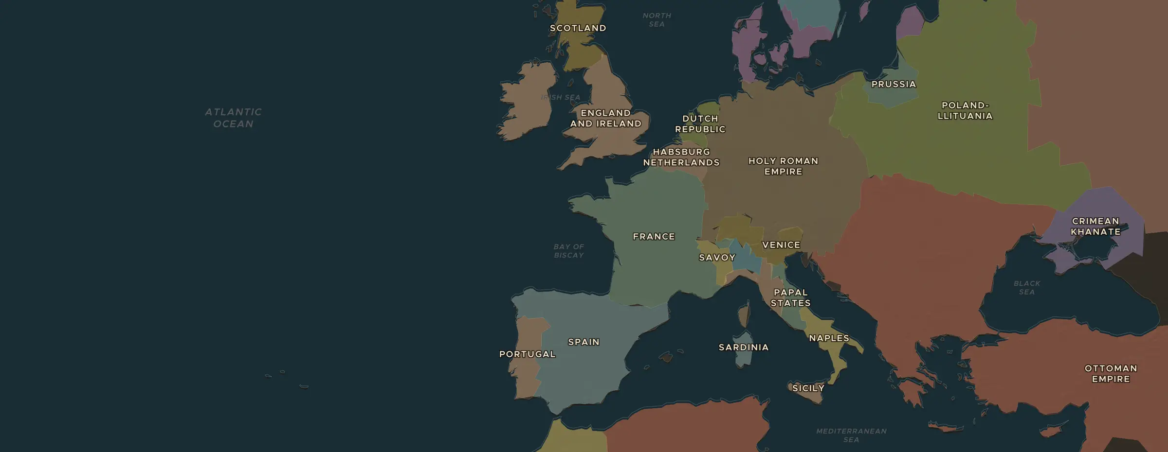 De ChronoAtlas-kaart in 1592 n.Chr., met de plekken uit deze les