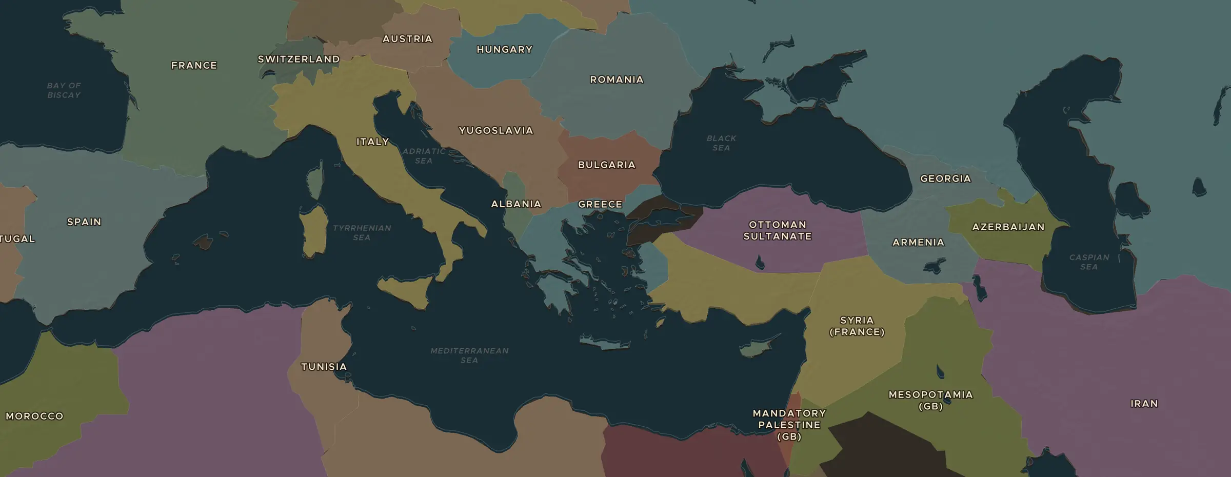 Die ChronoAtlas-Karte im Jahr 1920 n. Chr., mit allen Stationen dieser Stunde