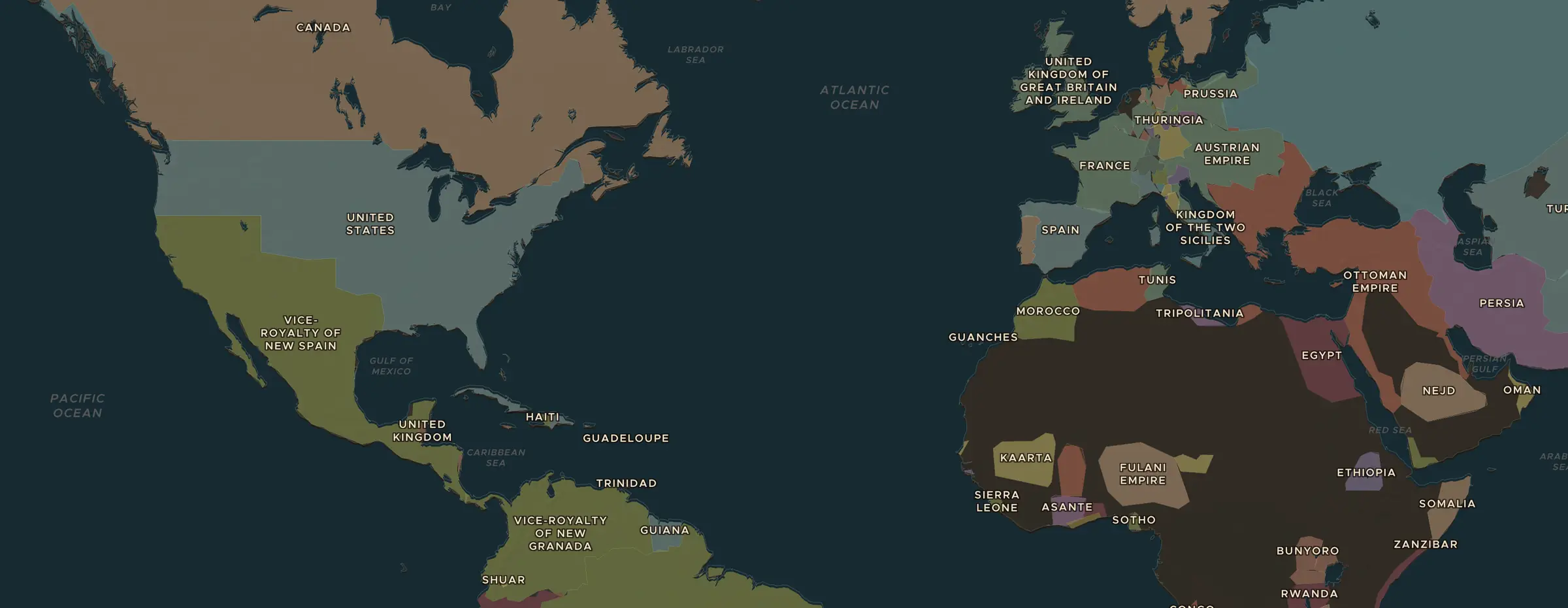 La carte ChronoAtlas en 1815 apr. J.-C., avec les lieux étudiés dans cette séquence