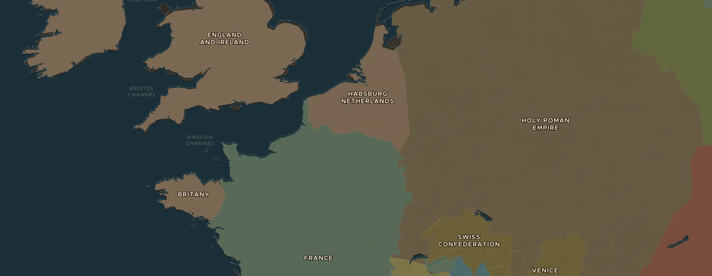 De ChronoAtlas-kaart in 1530 n.Chr., met de plekken uit deze les