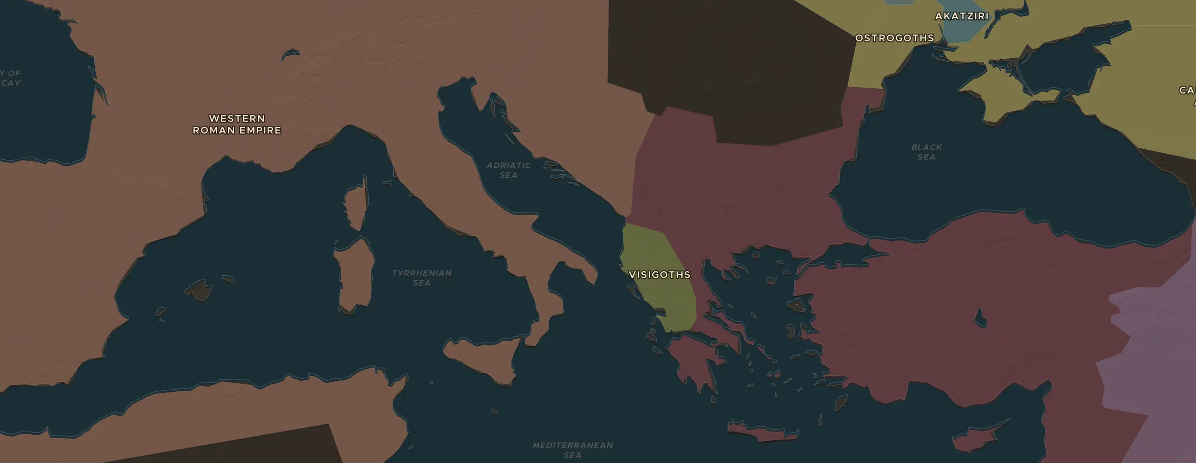 The ChronoAtlas map in AD 450, with the places this lesson visits