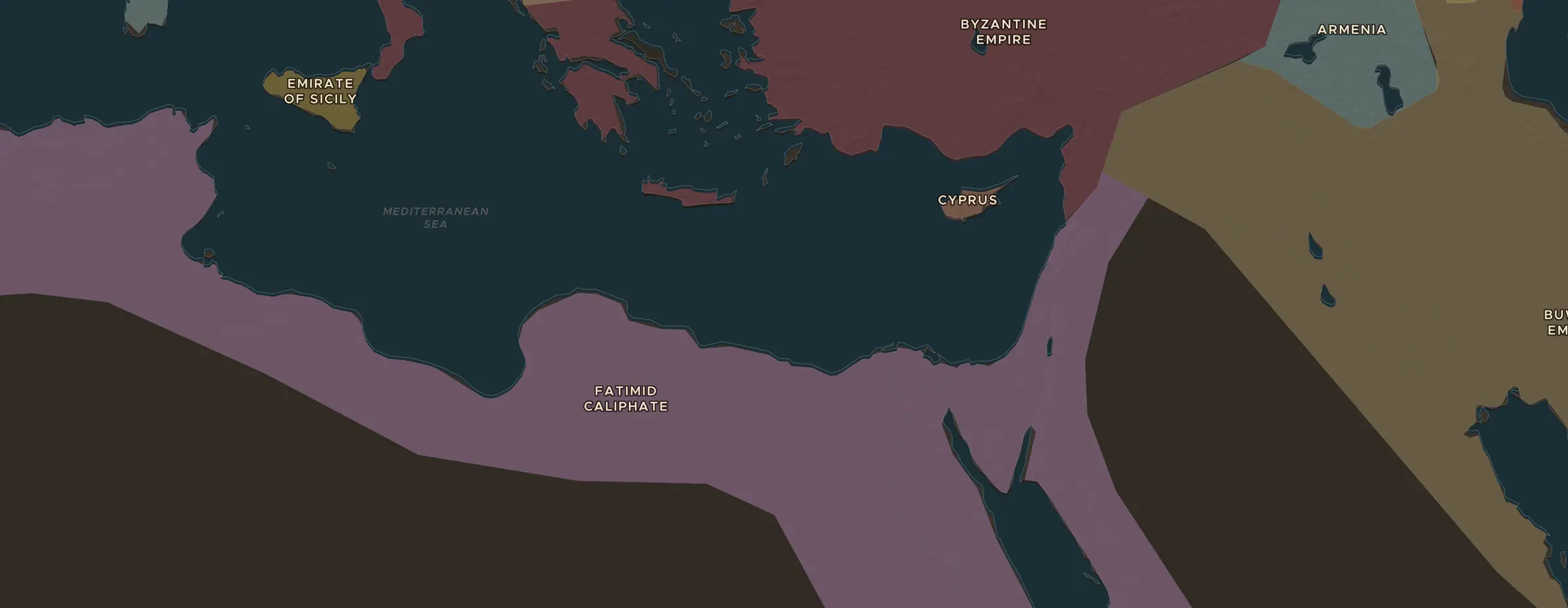 Die ChronoAtlas-Karte im Jahr 1000 n. Chr., mit allen Stationen dieser Stunde