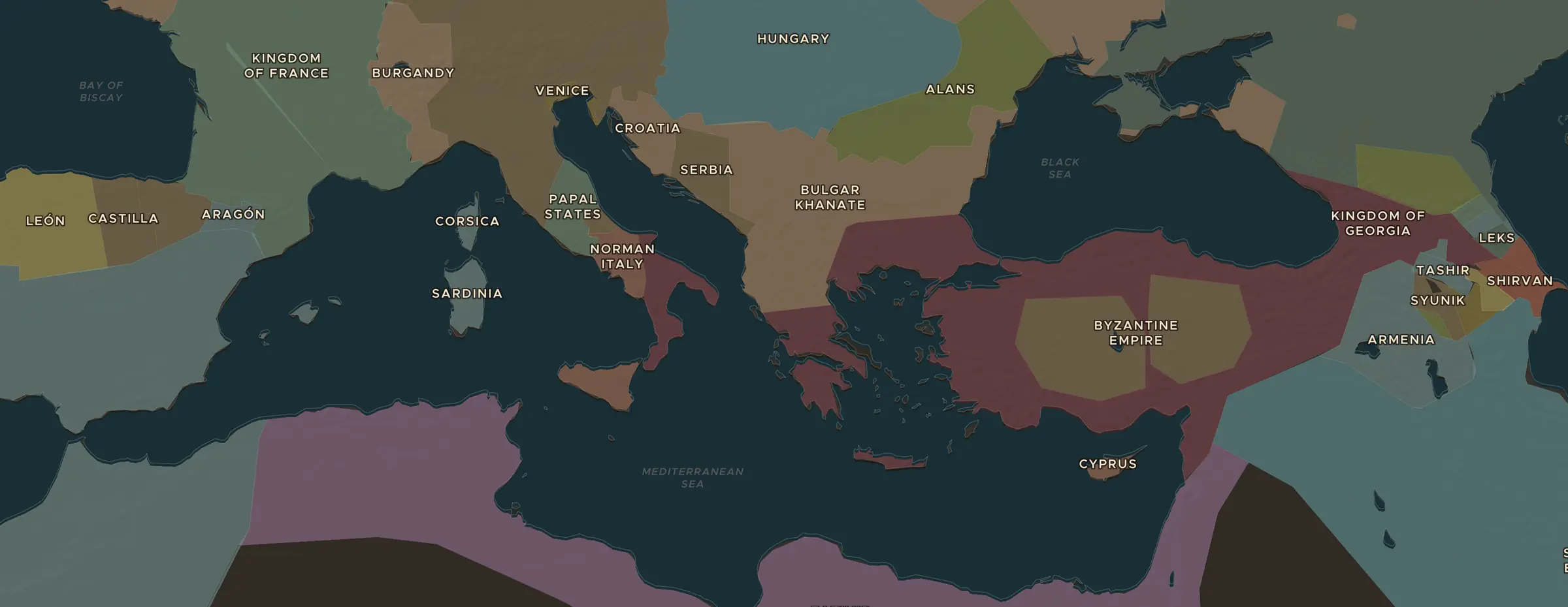 El mapa de ChronoAtlas en 1100 d. C., con los lugares que visita esta lección