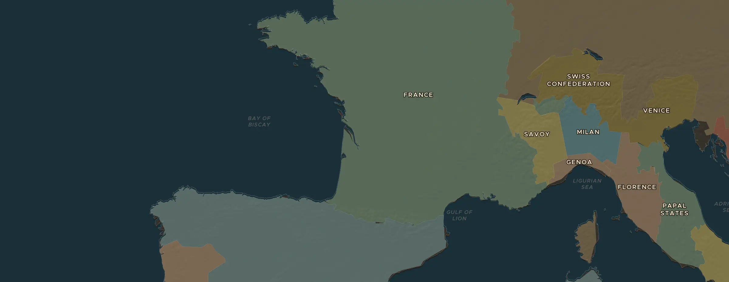De ChronoAtlas-kaart in 1598 n.Chr., met de plekken uit deze les