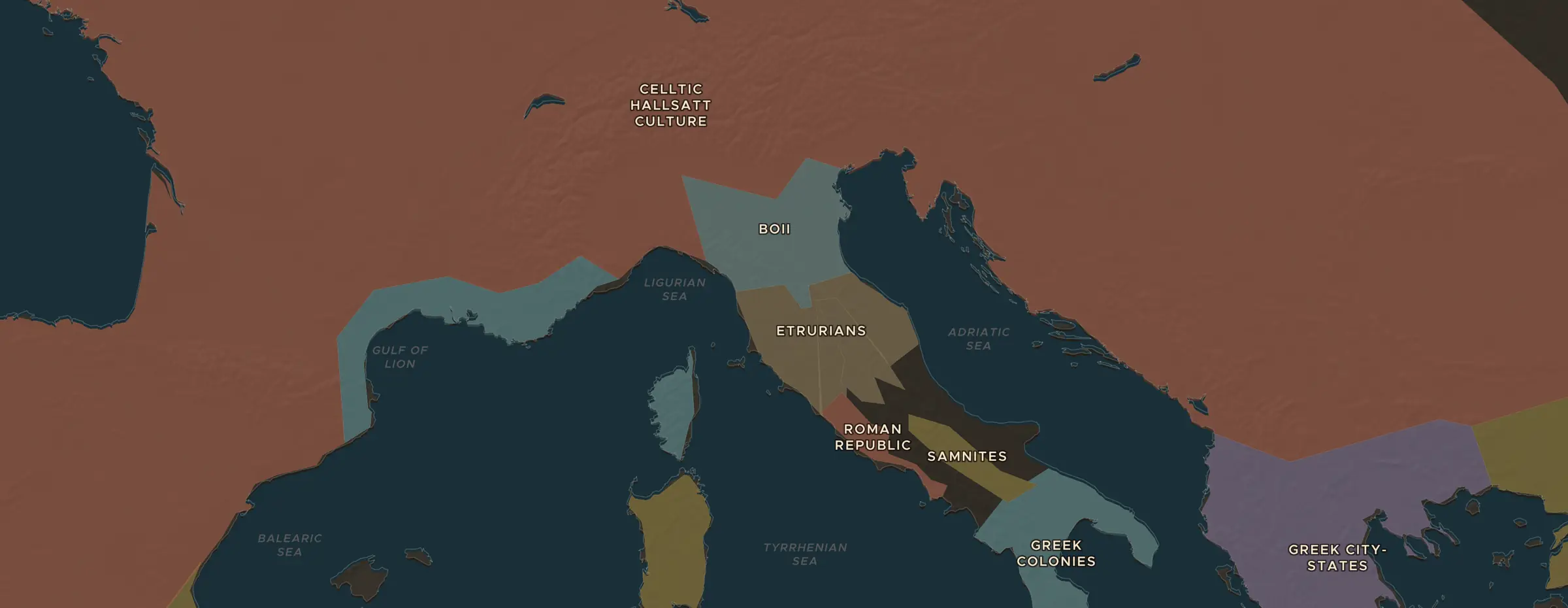 El mapa de ChronoAtlas en 400 a. C., con los lugares que visita esta lección