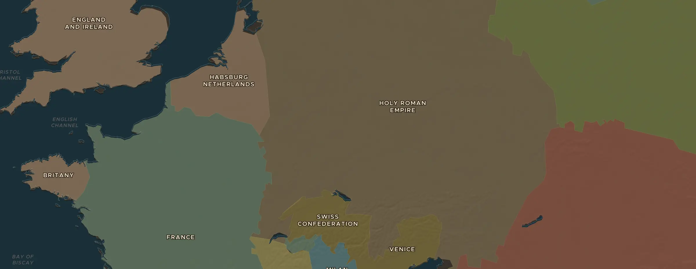 De ChronoAtlas-kaart in 1525 n.Chr., met de plekken uit deze les