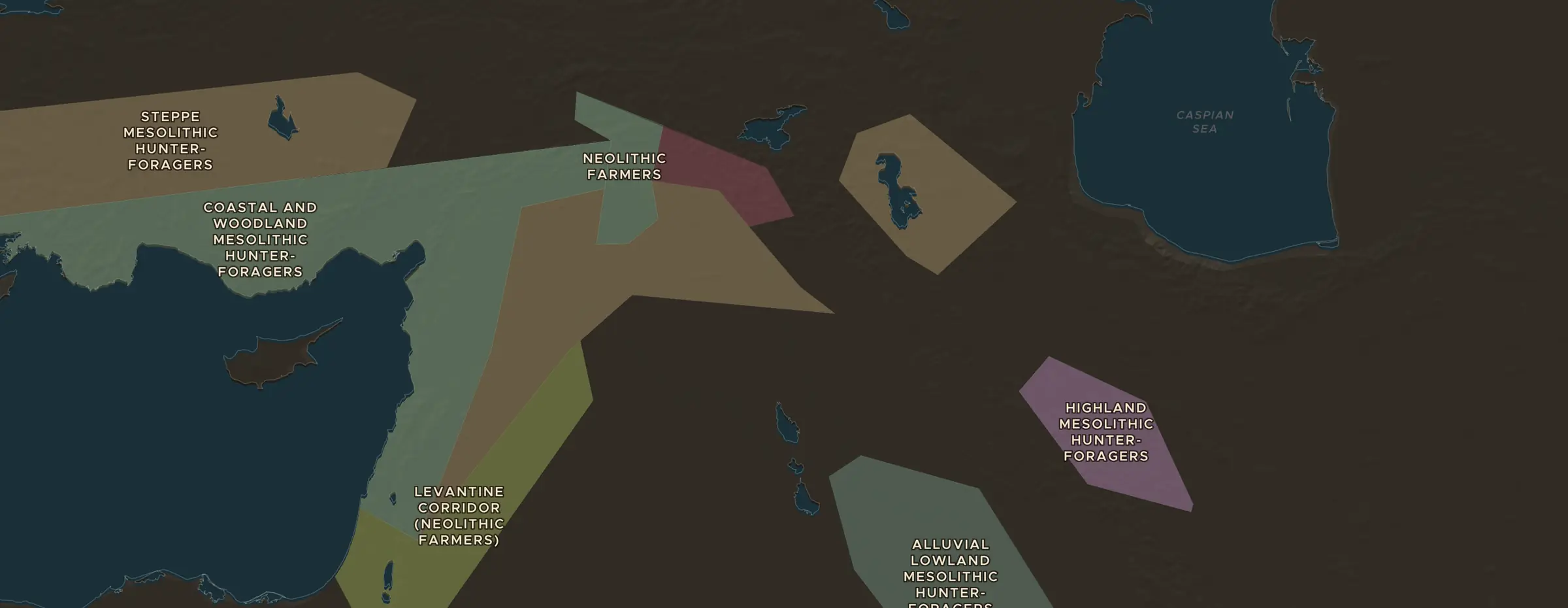 El mapa de ChronoAtlas en 9500 a. C., con los lugares que visita esta lección