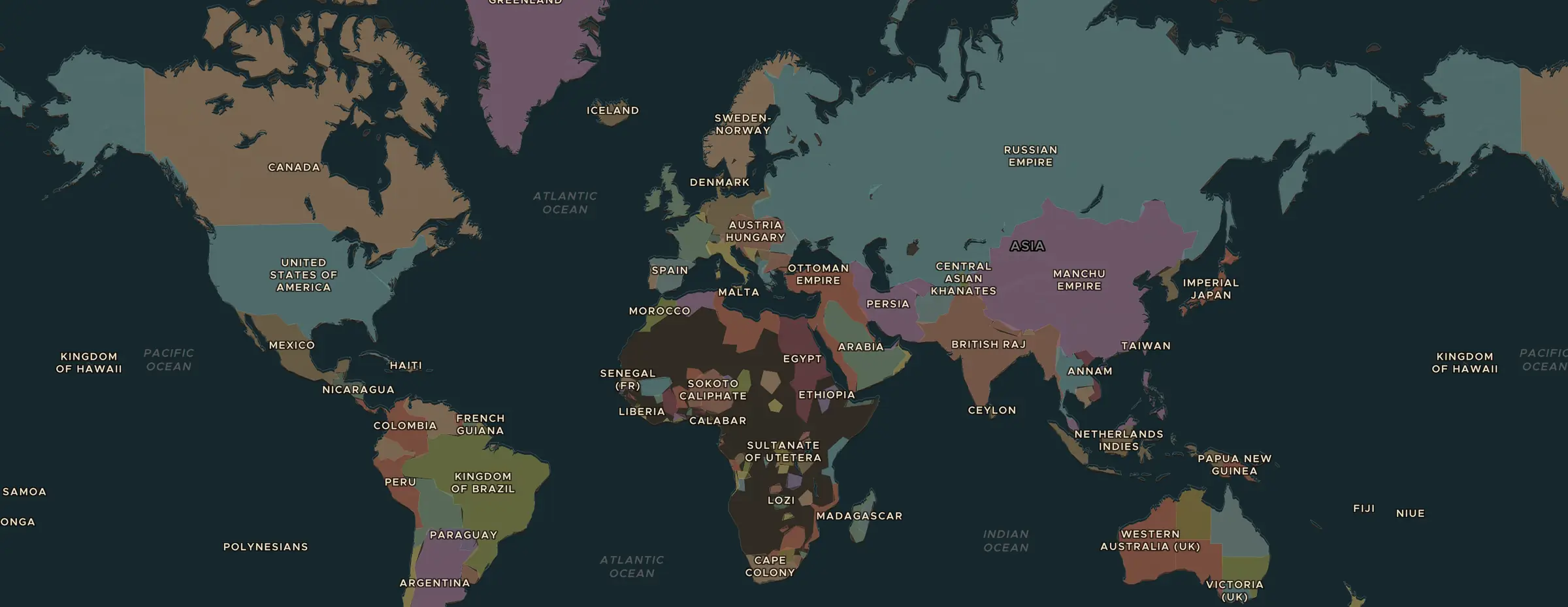 De ChronoAtlas-kaart in 1870 n.Chr., met de plekken uit deze les