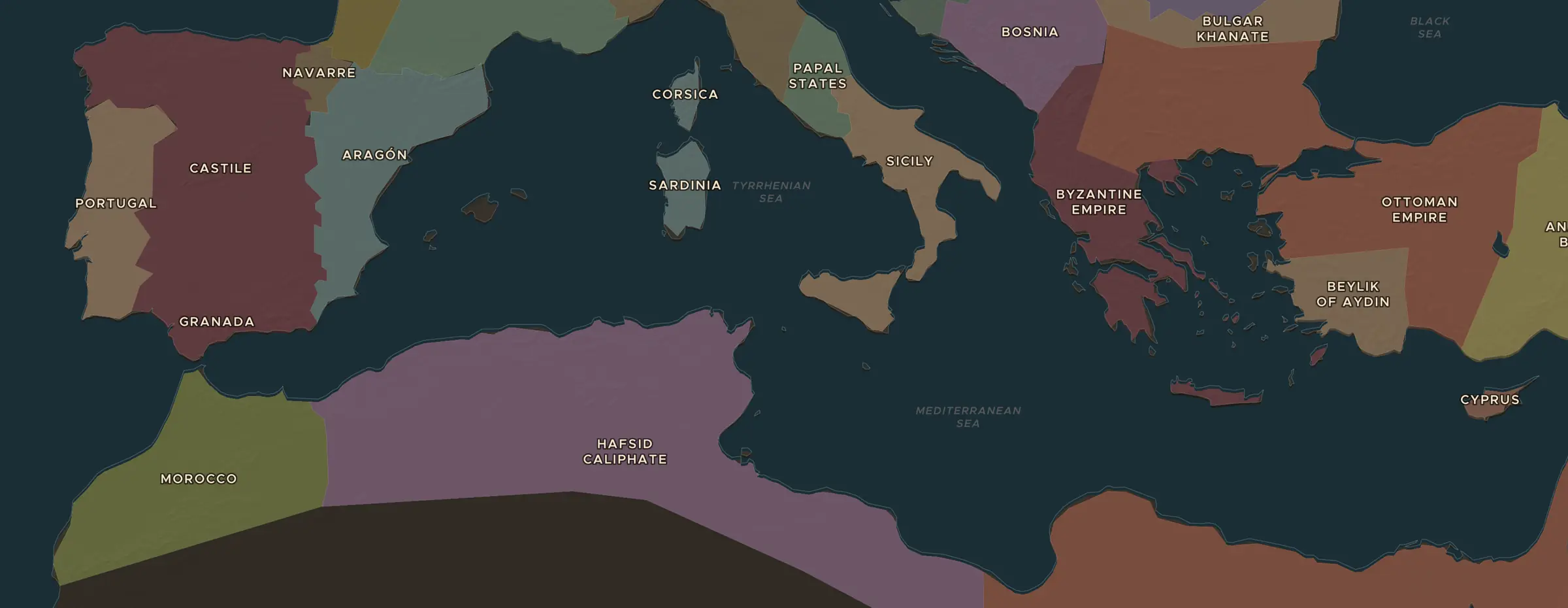 De ChronoAtlas-kaart in 1400 n.Chr., met de plekken uit deze les