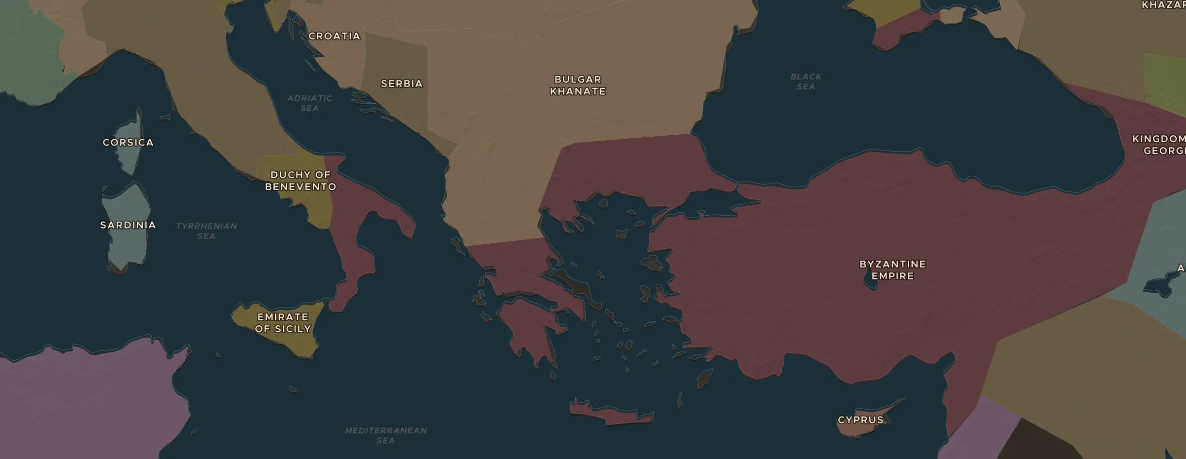 Die ChronoAtlas-Karte im Jahr 1054 n. Chr., mit allen Stationen dieser Stunde