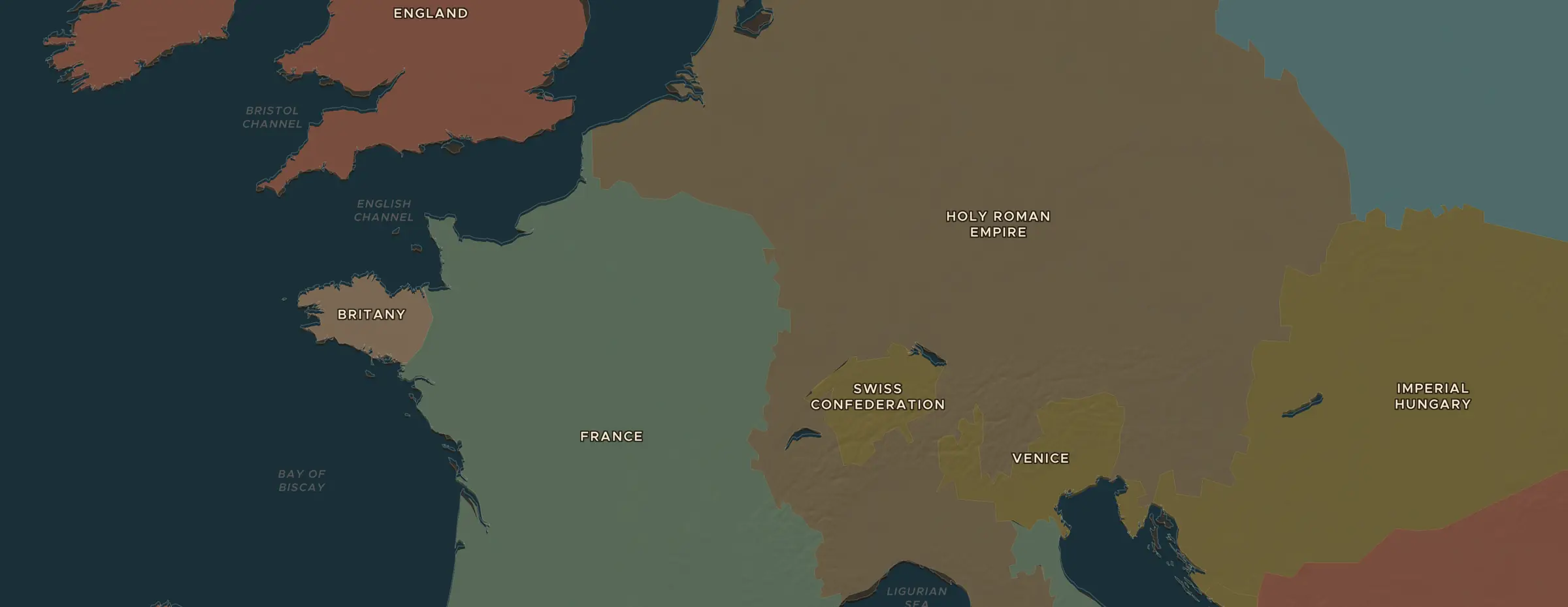 De ChronoAtlas-kaart in 1500 n.Chr., met de plekken uit deze les