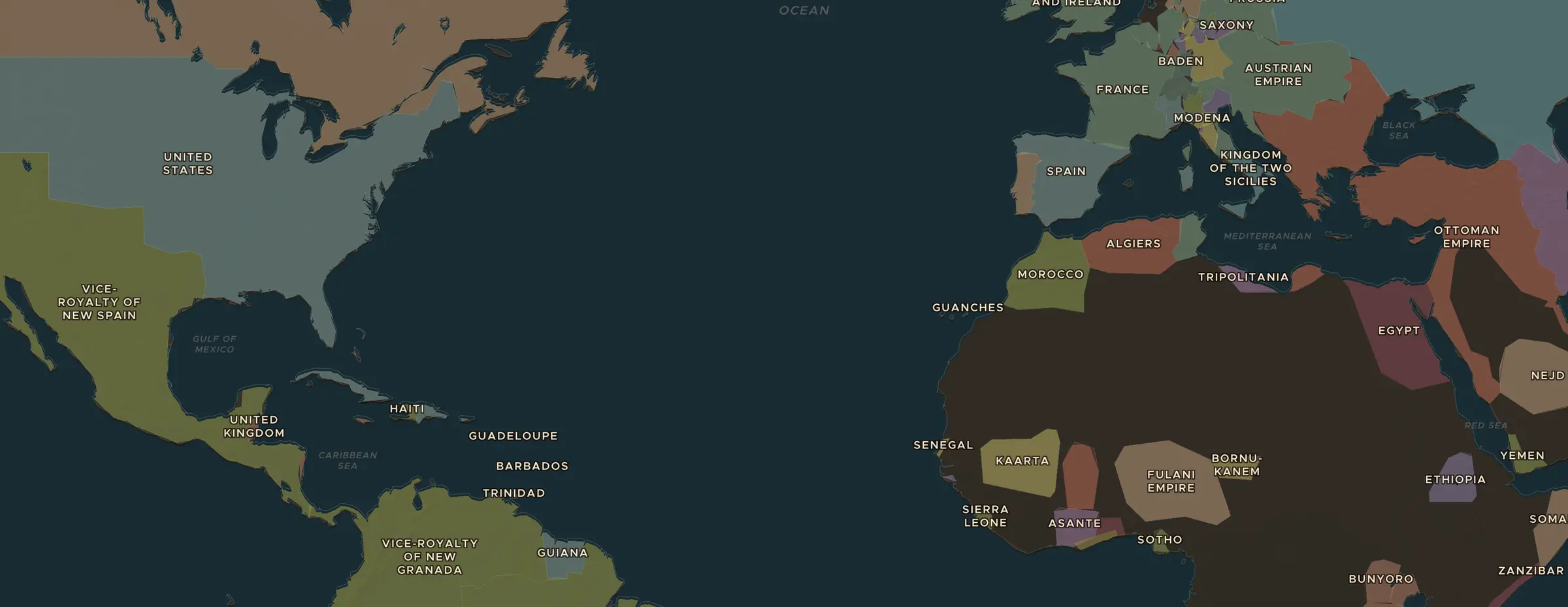 Die ChronoAtlas-Karte im Jahr 1810 n. Chr., mit allen Stationen dieser Stunde