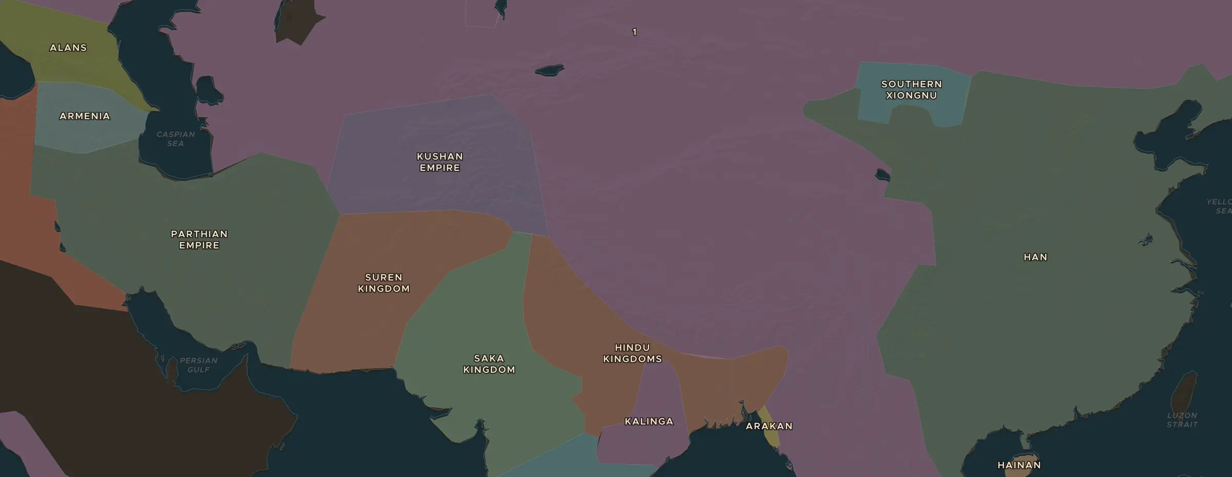 Die ChronoAtlas-Karte im Jahr 105 n. Chr., mit allen Stationen dieser Stunde