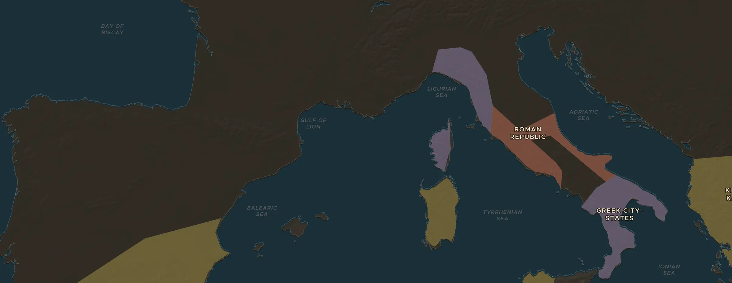 El mapa de ChronoAtlas en 218 a. C., con los lugares que visita esta lección