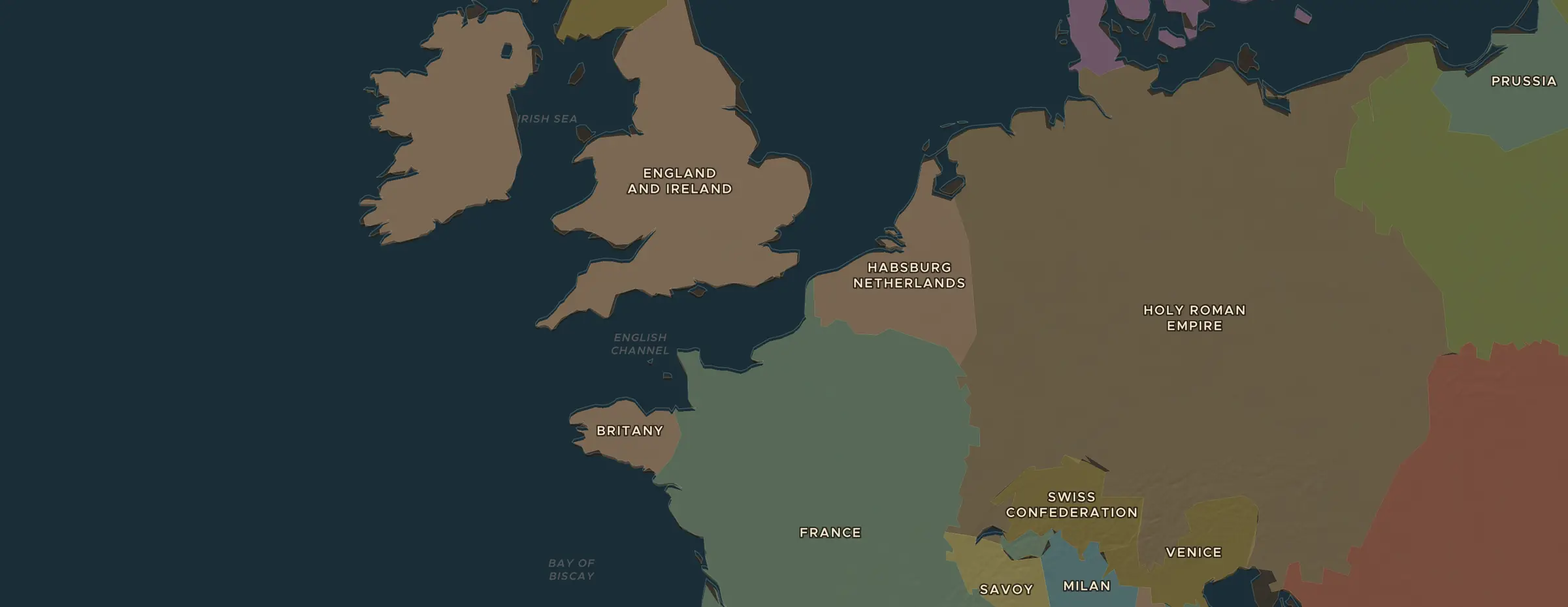 De ChronoAtlas-kaart in 1530 n.Chr., met de plekken uit deze les