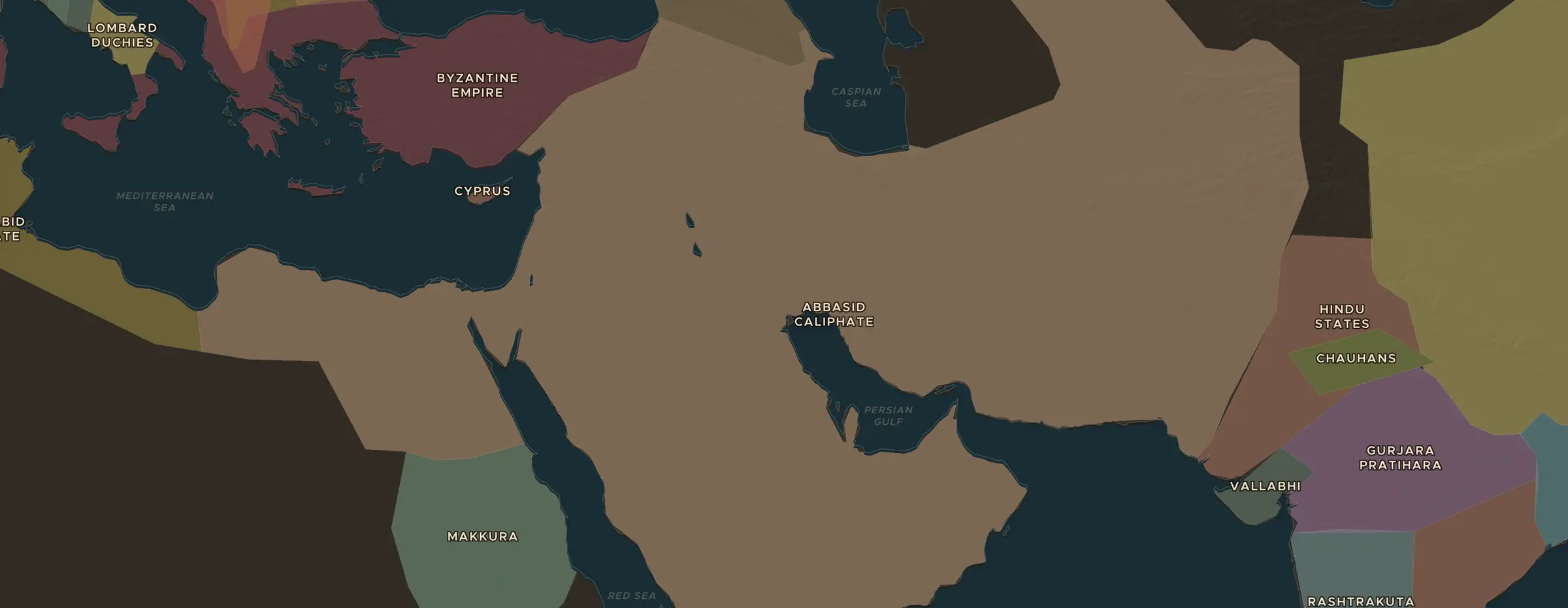 De ChronoAtlas-kaart in 830 n.Chr., met de plekken uit deze les