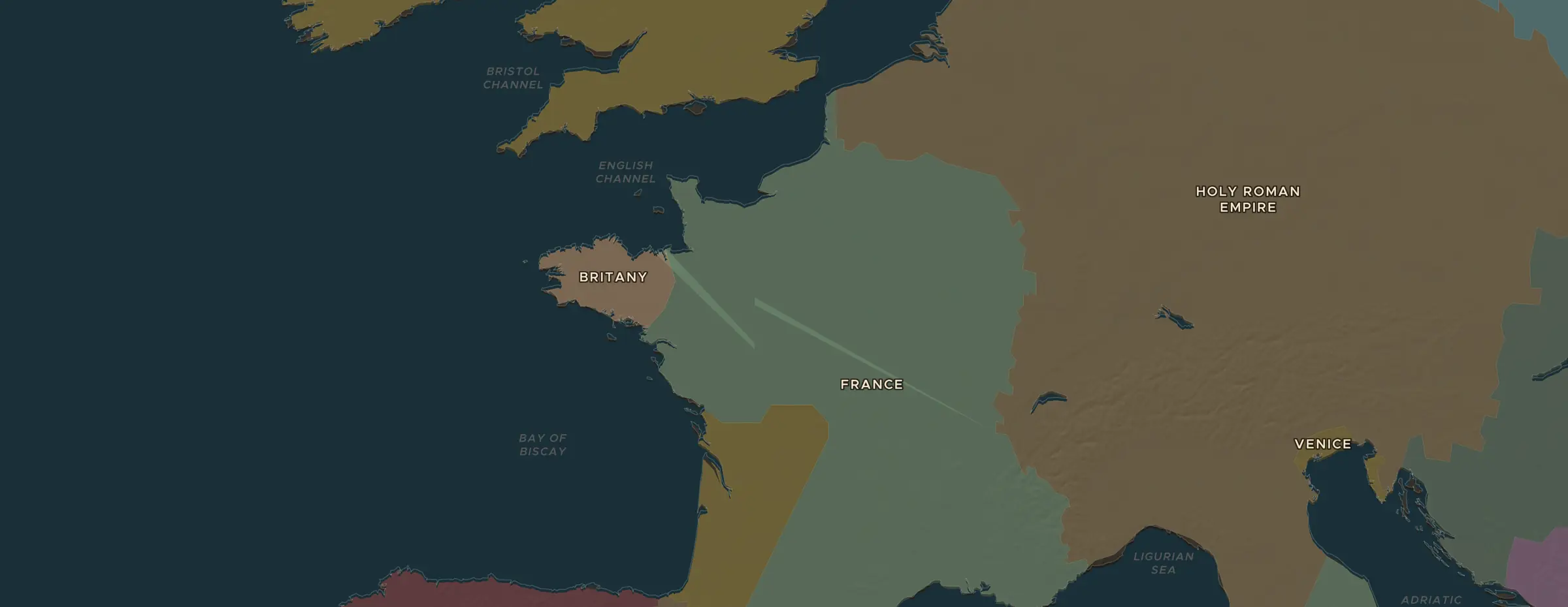 De ChronoAtlas-kaart in 1400 n.Chr., met de plekken uit deze les