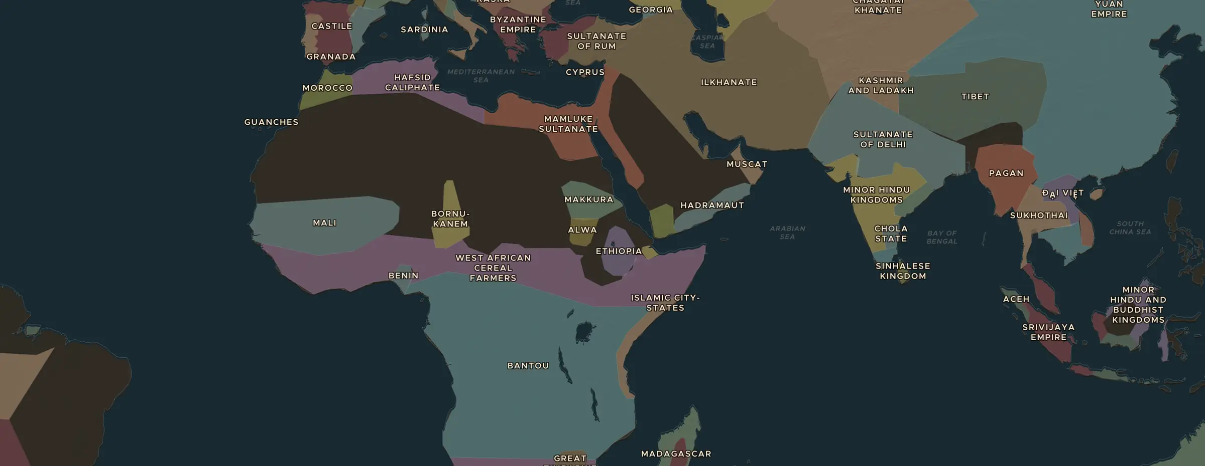 De ChronoAtlas-kaart in 1325 n.Chr., met de plekken uit deze les
