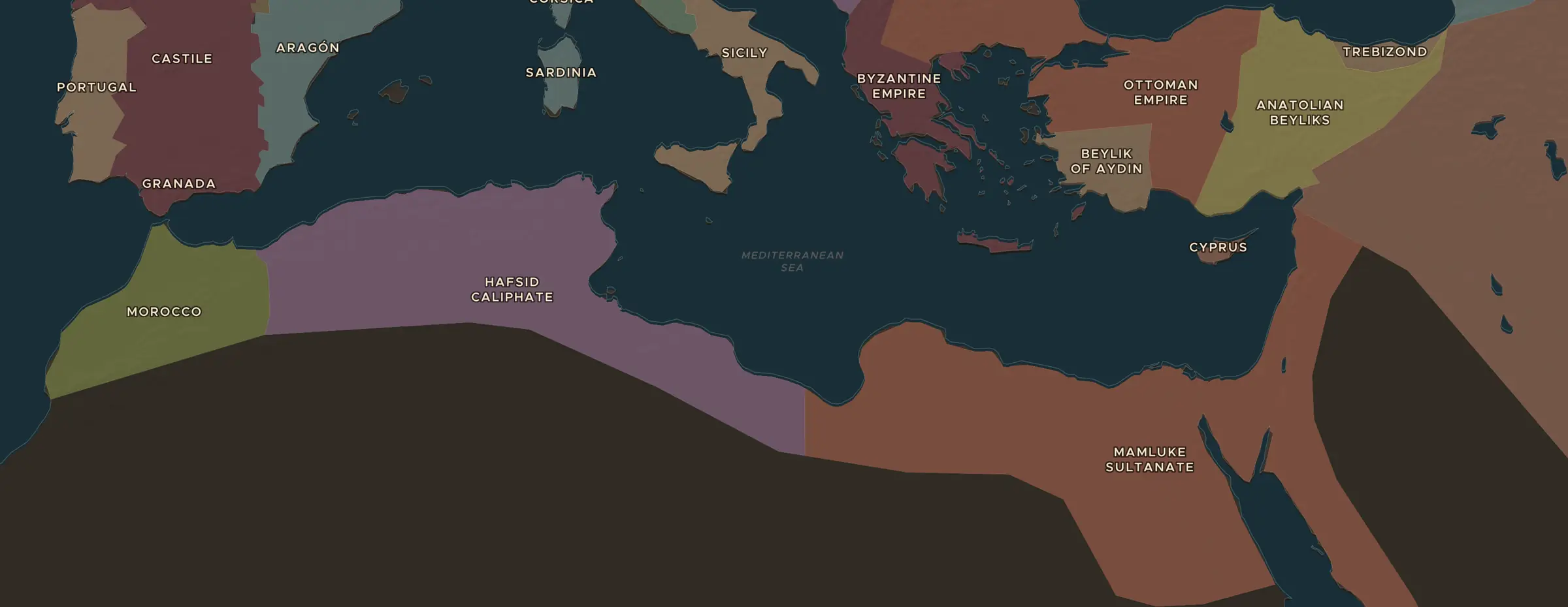 De ChronoAtlas-kaart in 1400 n.Chr., met de plekken uit deze les