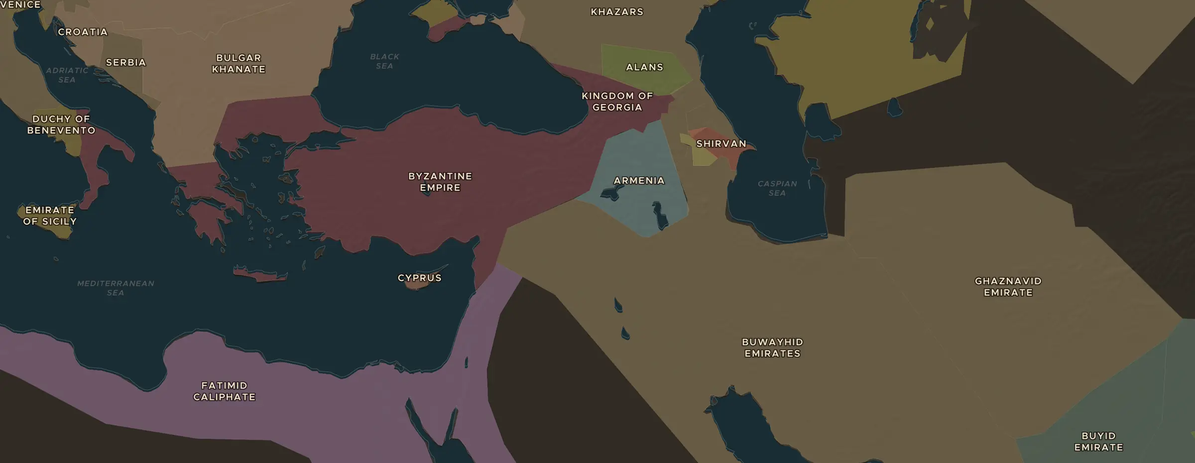 Die ChronoAtlas-Karte im Jahr 1000 n. Chr., mit allen Stationen dieser Stunde