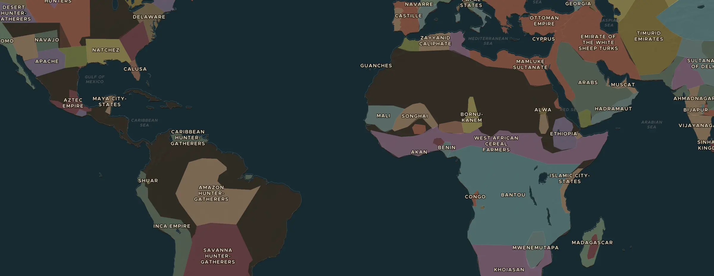 De ChronoAtlas-kaart in 1500 n.Chr., met de plekken uit deze les